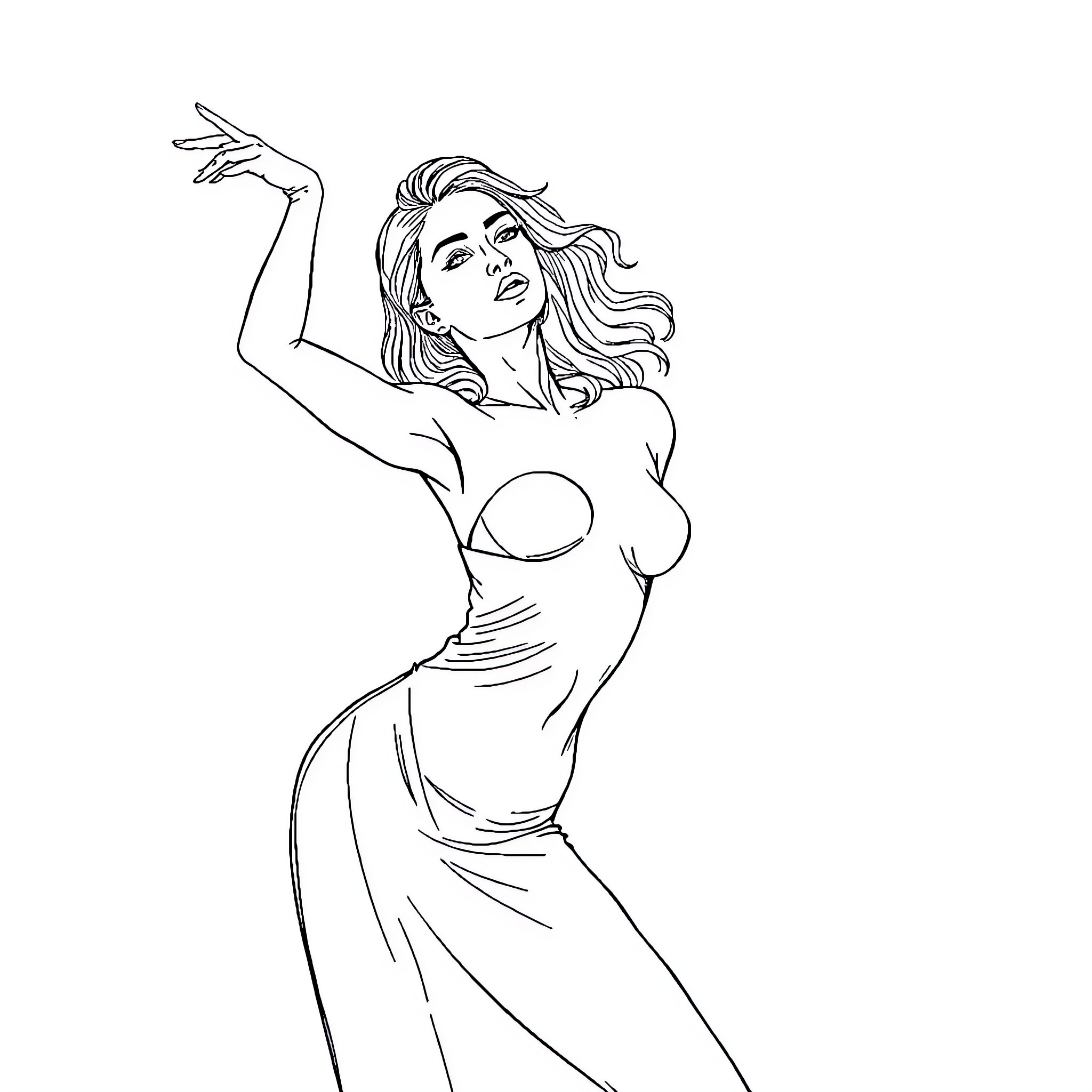 Model posing gracefully in flowing dress Coloring Page (free black-and-white line drawing printable PDF for all, from beginners to advanced learners, including children, teens, adults, and seniors)