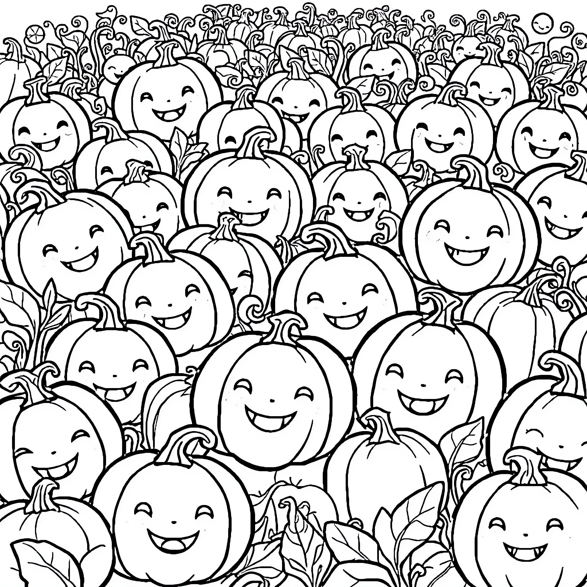 Pumpkin patch with smiling Jack-o'-lanterns Coloring Page (free black-and-white line drawing printable PDF for all, from beginners to advanced learners, including children, teens, adults, and seniors)