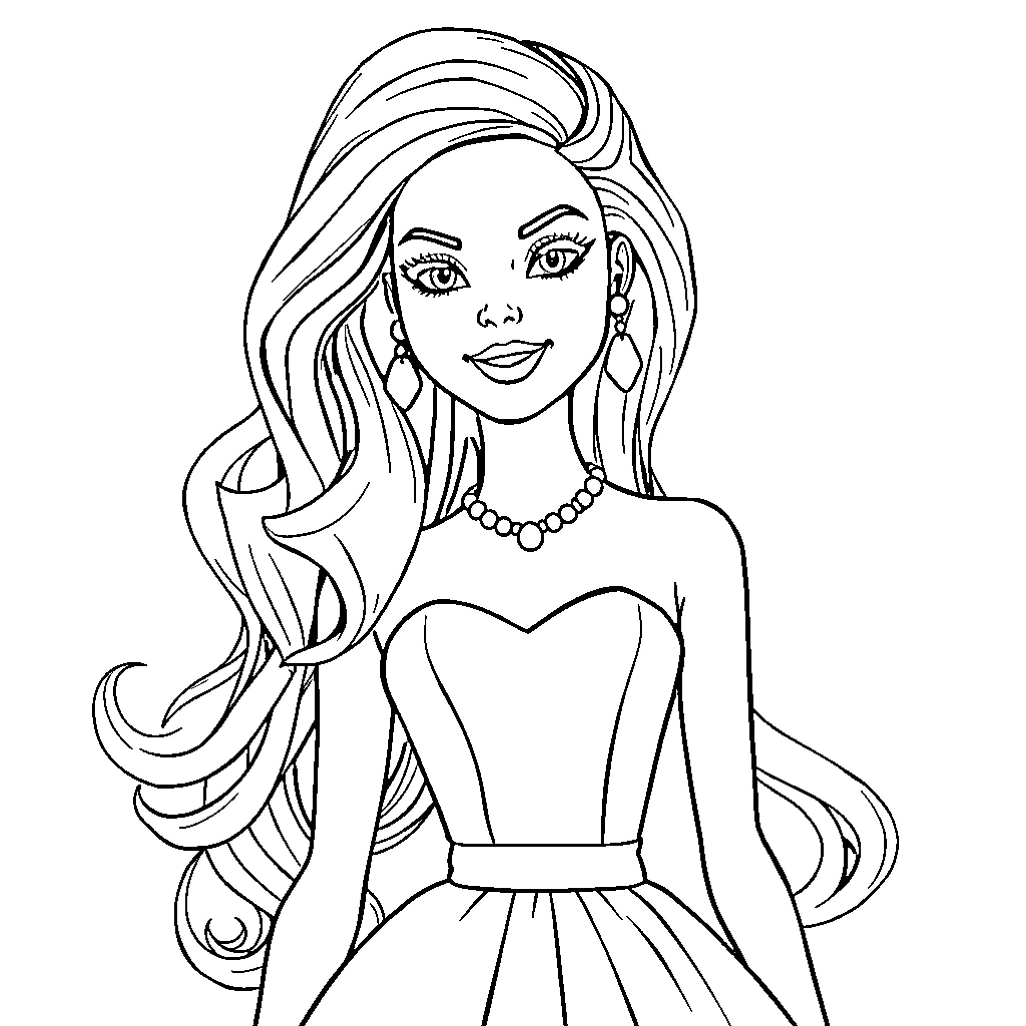 Barbie in elegant gown with flowing hair Coloring Page (free black-and-white line drawing printable PDF for all, from beginners to advanced learners, including children, teens, adults, and seniors)