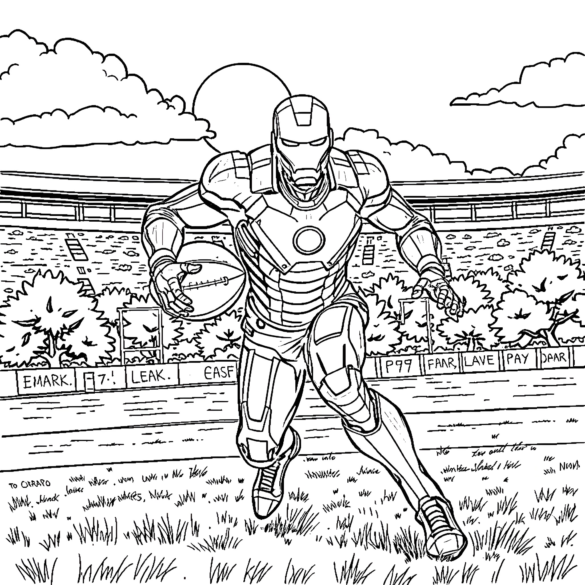 Iron Man in an action-packed outdoor scene Coloring Page (free black-and-white line drawing printable PDF for all, from beginners to advanced learners, including children, teens, adults, and seniors)