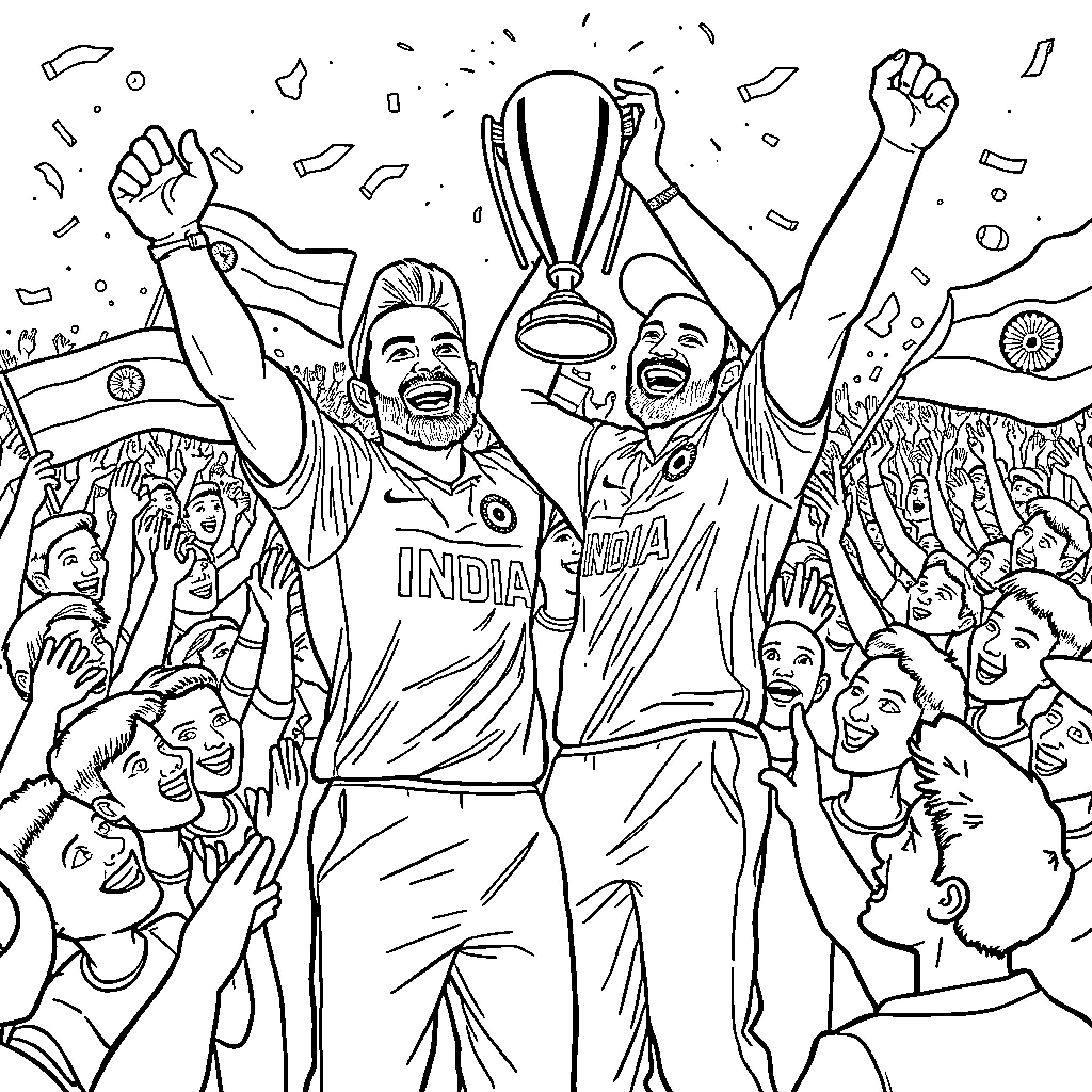 Kohli Celebrating Team's Victory with Fans Coloring Page (free black-and-white line drawing printable PDF for all, from beginners to advanced learners, including children, teens, adults, and seniors)