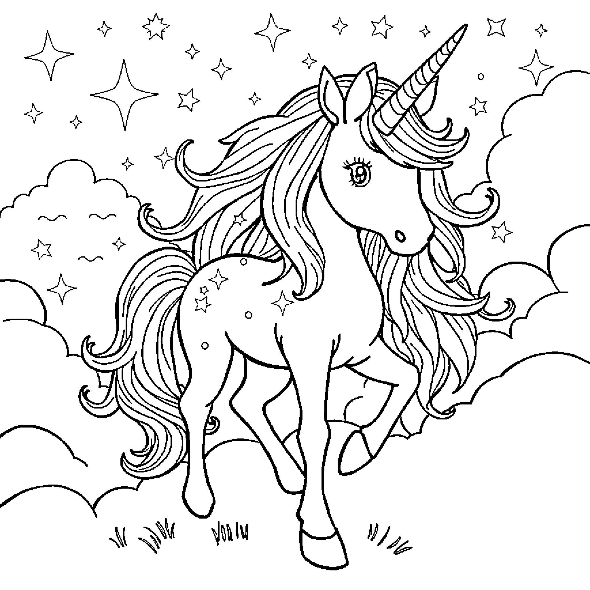 Unicorn surrounded by magical stars and clouds Coloring Page (free black-and-white line drawing printable PDF for all, from beginners to advanced learners, including children, teens, adults, and seniors)