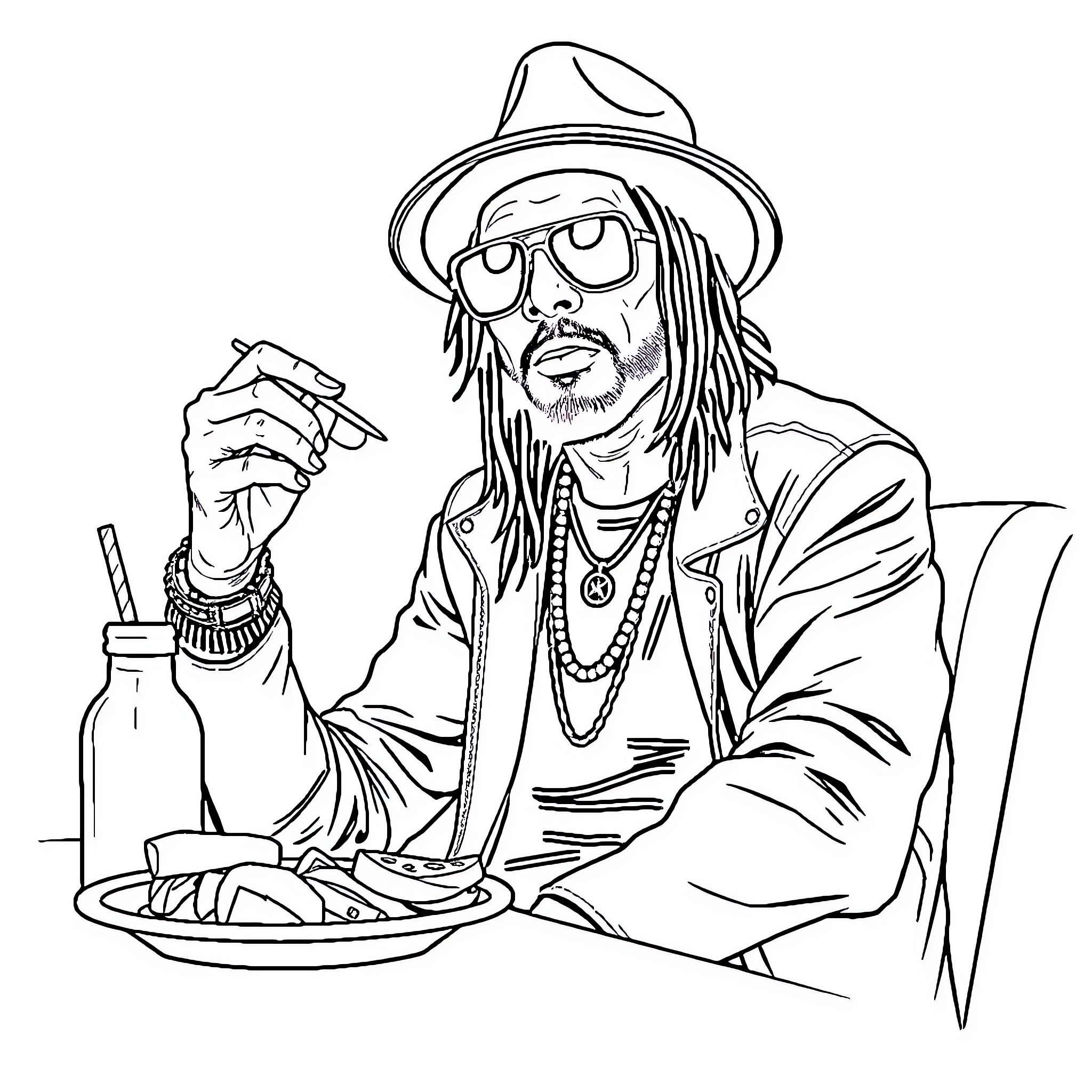Kid Rock Enjoying a Meal with Signature Style Coloring Page (free black-and-white line drawing printable PDF for all, from beginners to advanced learners, including children, teens, adults, and seniors)