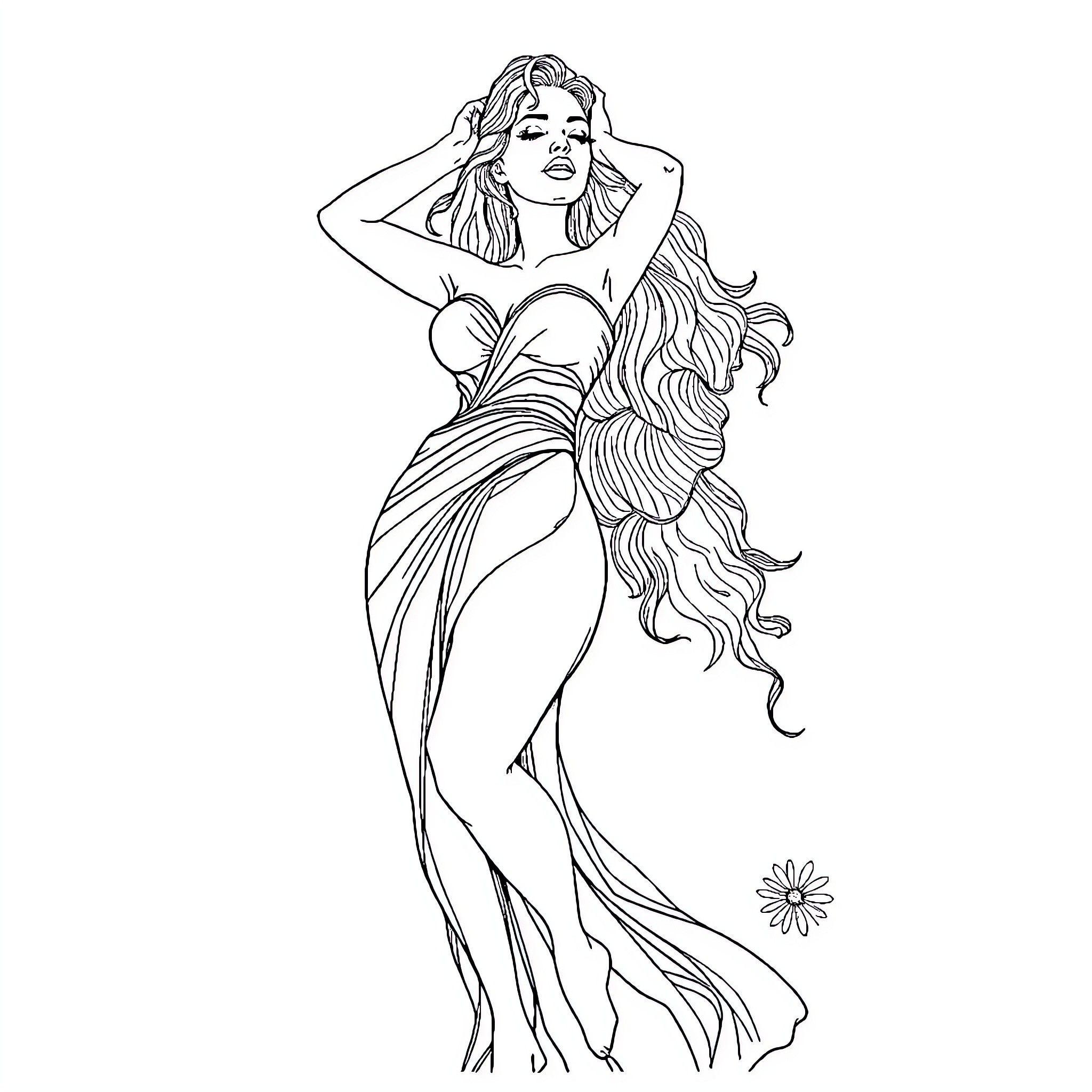 Latina woman in elegant evening gown posing confidently Coloring Page (free black-and-white line drawing printable PDF for all, from beginners to advanced learners, including children, teens, adults, and seniors)