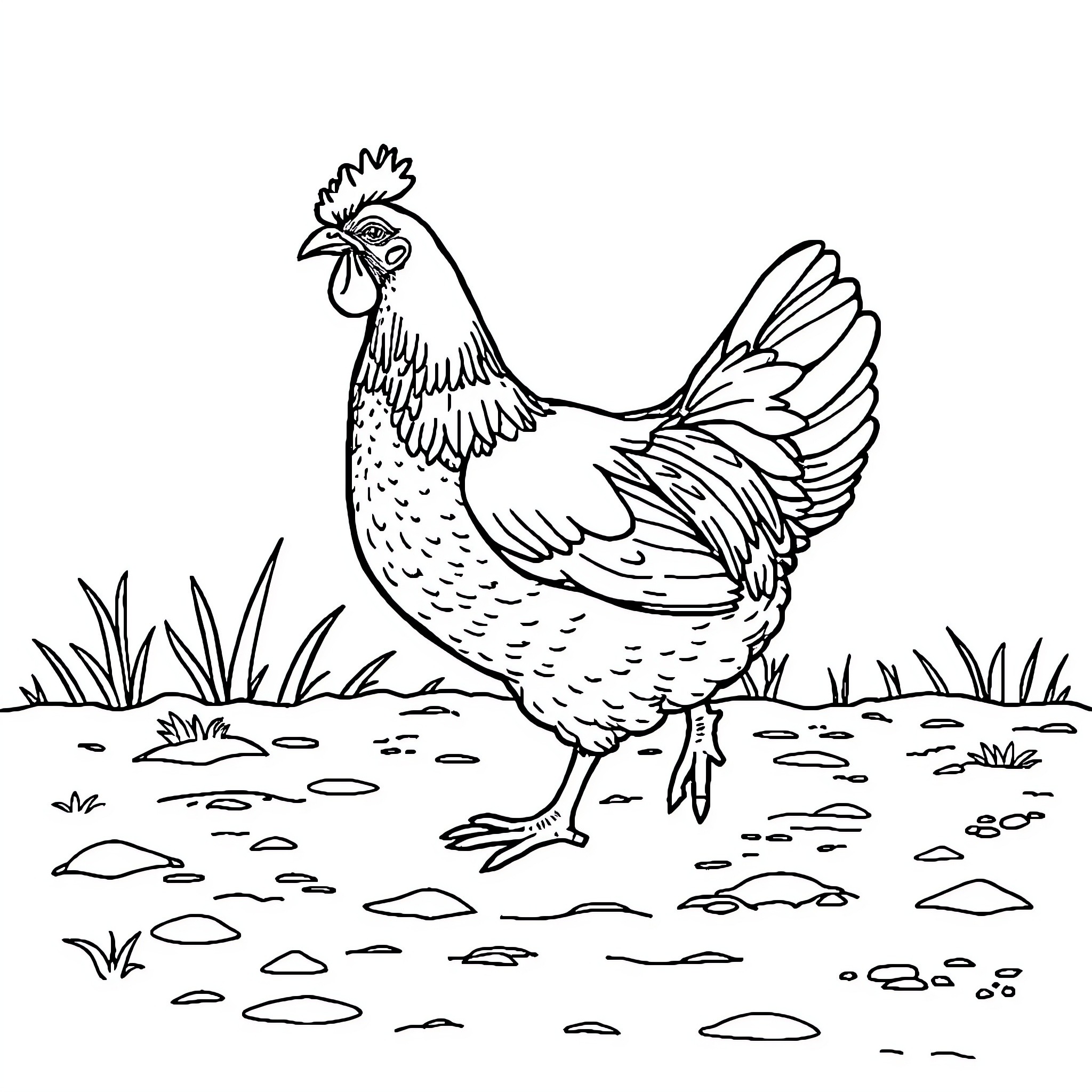 Hen walking proudly in the farmyard Coloring Page (free black-and-white line drawing printable PDF for all, from beginners to advanced learners, including children, teens, adults, and seniors)