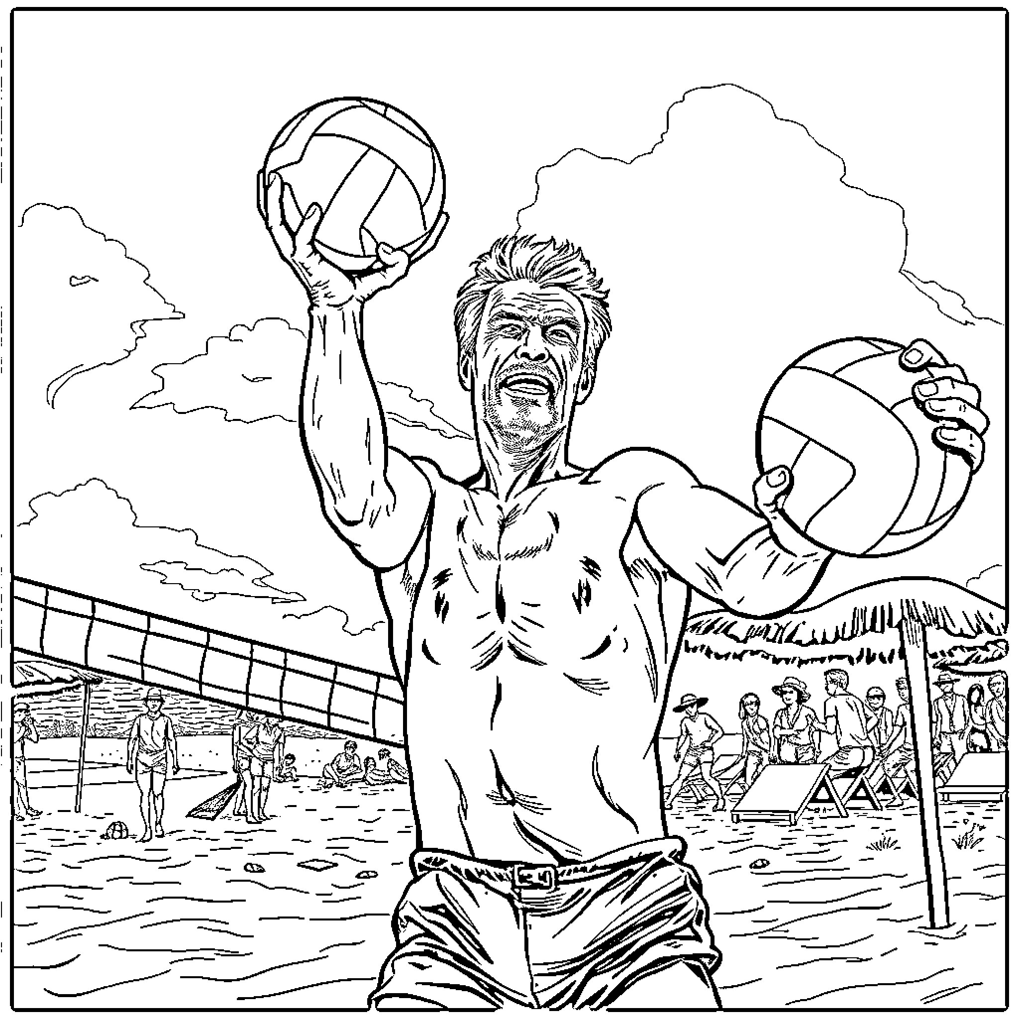 Clint Eastwood playing volleyball on the beach Coloring Page (free black-and-white line drawing printable PDF for all, from beginners to advanced learners, including children, teens, adults, and seniors)