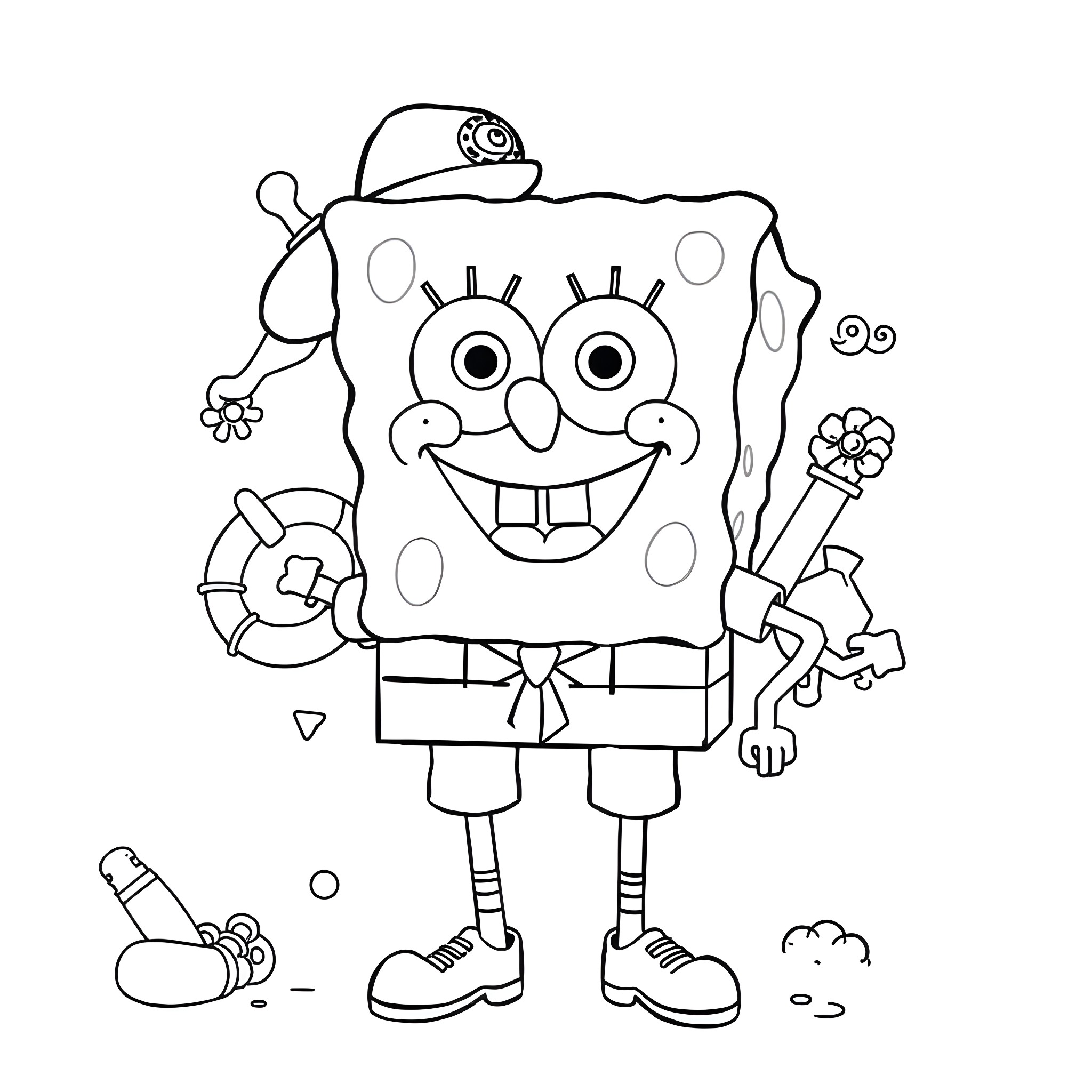 Sponge Bob celebrates with a flower and life preserver Coloring Page (free black-and-white line drawing printable PDF for all, from beginners to advanced learners, including children, teens, adults, and seniors)