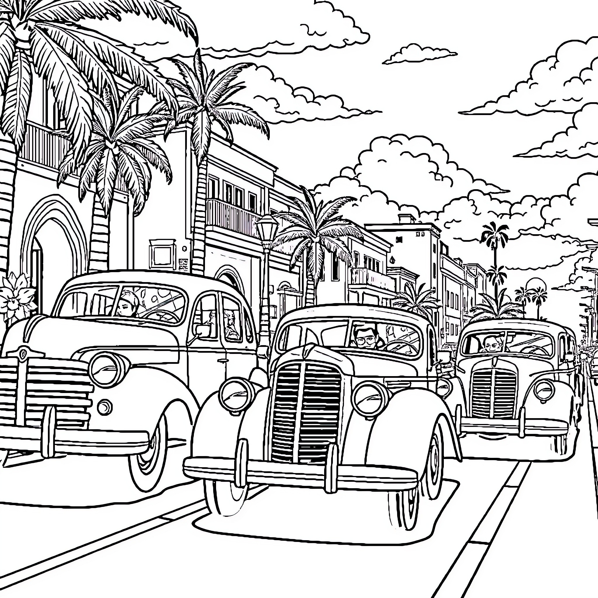 Car parade through tropical town with palm trees Coloring Page (free black-and-white line drawing printable PDF for all, from beginners to advanced learners, including children, teens, adults, and seniors)