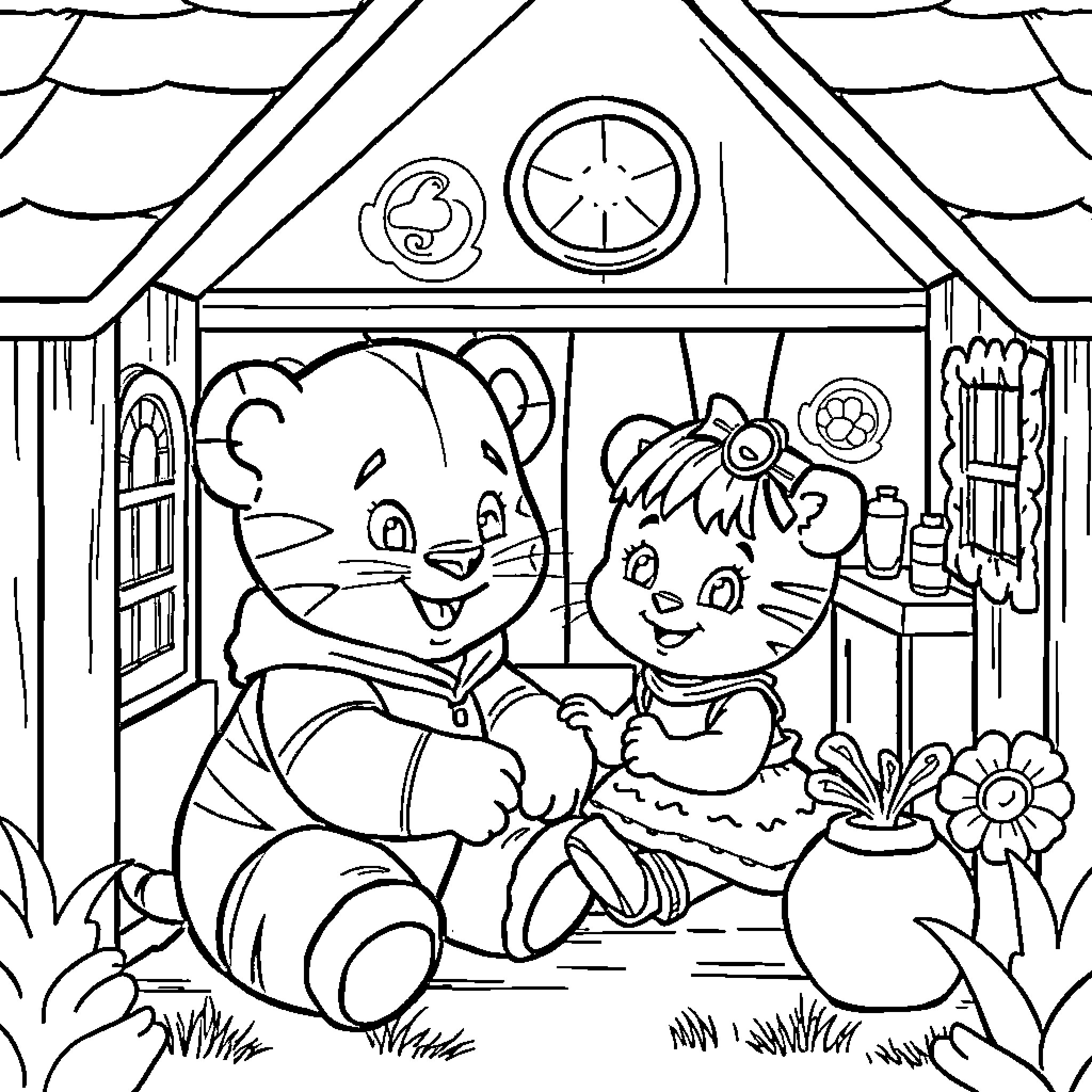 Daniel Tiger and Friend Explore Cozy Cottage Coloring Page (free black-and-white line drawing printable PDF for all, from beginners to advanced learners, including children, teens, adults, and seniors)