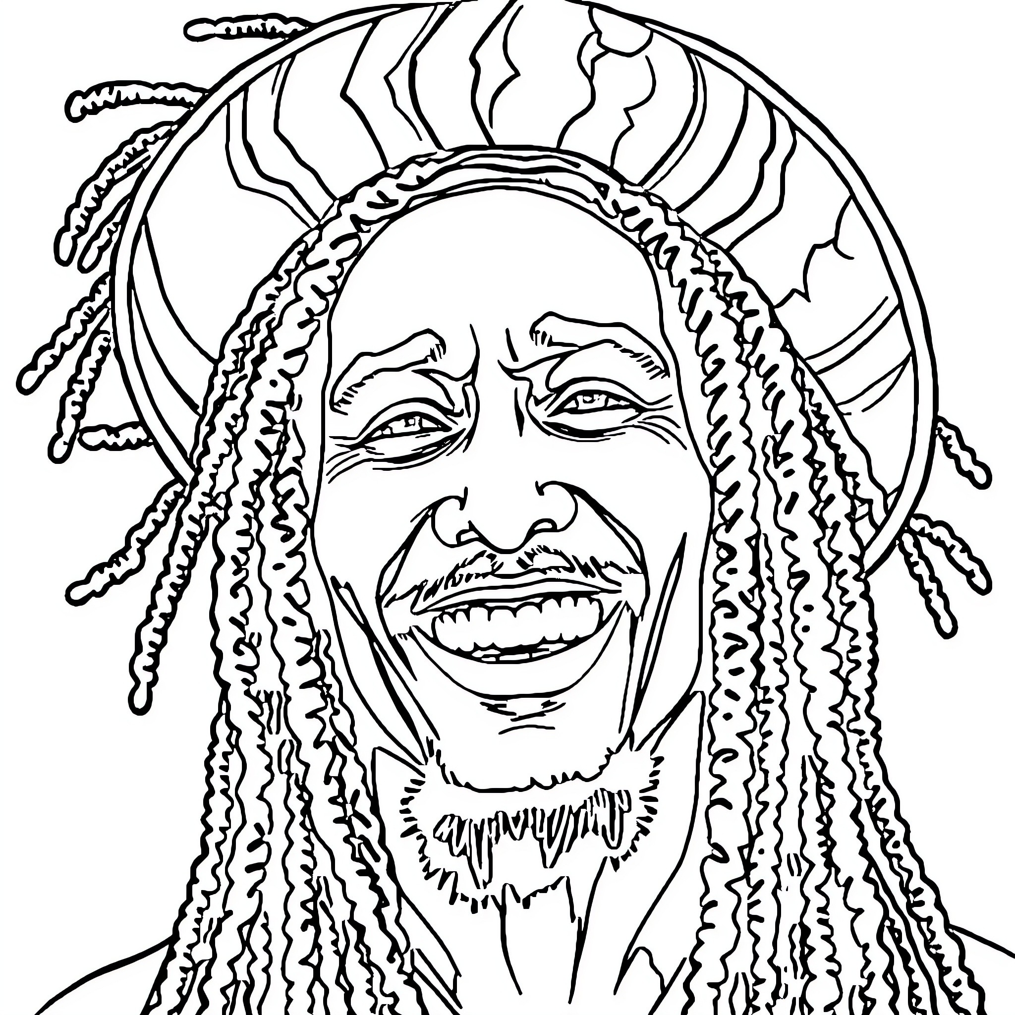Rasta Man with Distinctive Hairstyle and Smile Coloring Page (free black-and-white line drawing printable PDF for all, from beginners to advanced learners, including children, teens, adults, and seniors)