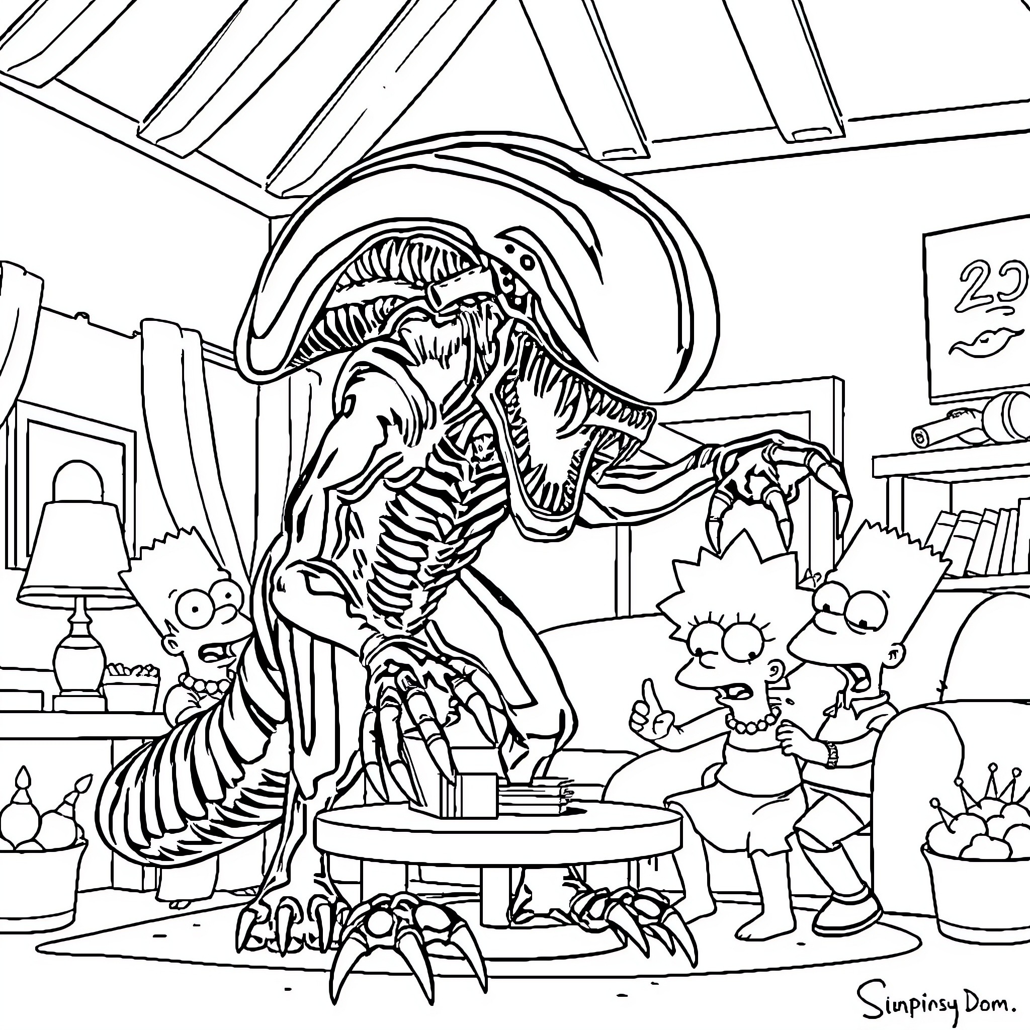 Alien skeleton exhibit in a museum Coloring Page (free black-and-white line drawing printable PDF for all, from beginners to advanced learners, including children, teens, adults, and seniors)