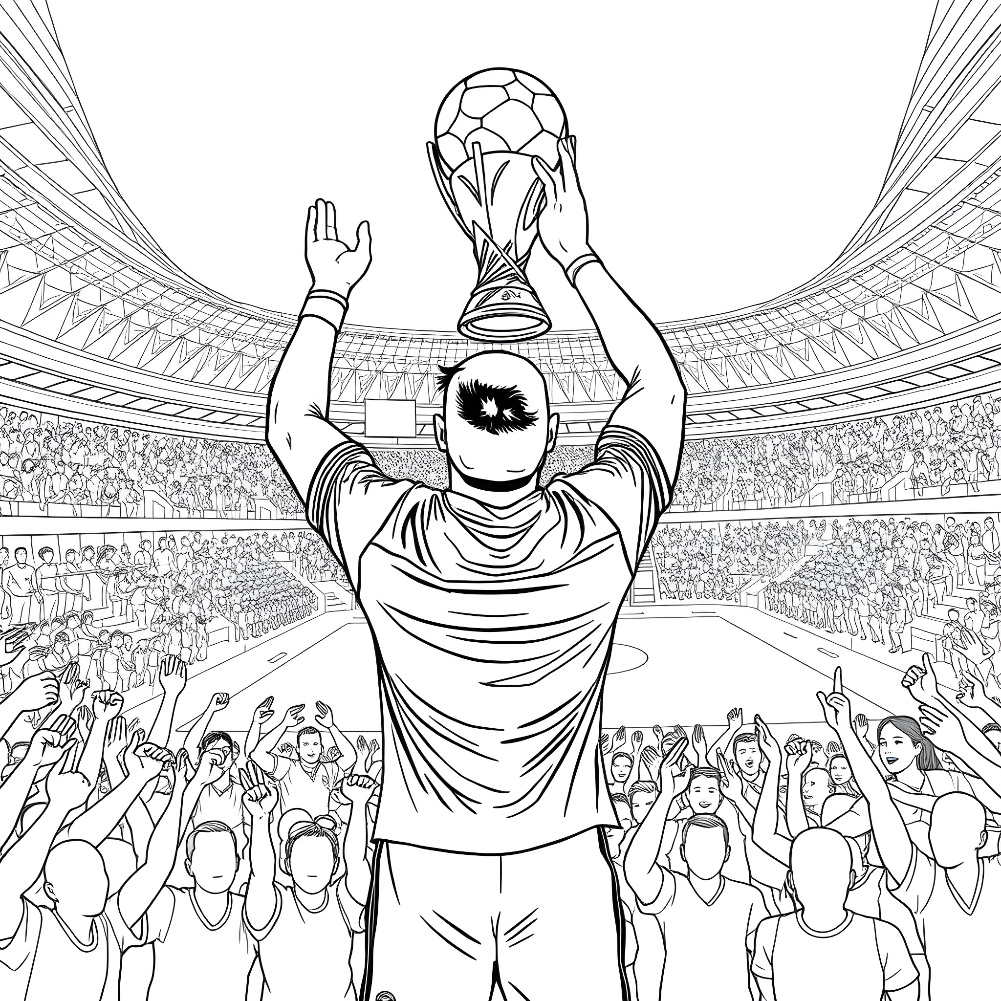 Ronaldo Celebrates Victory with Fans in Stadium Coloring Page (free black-and-white line drawing printable PDF for all, from beginners to advanced learners, including children, teens, adults, and seniors)