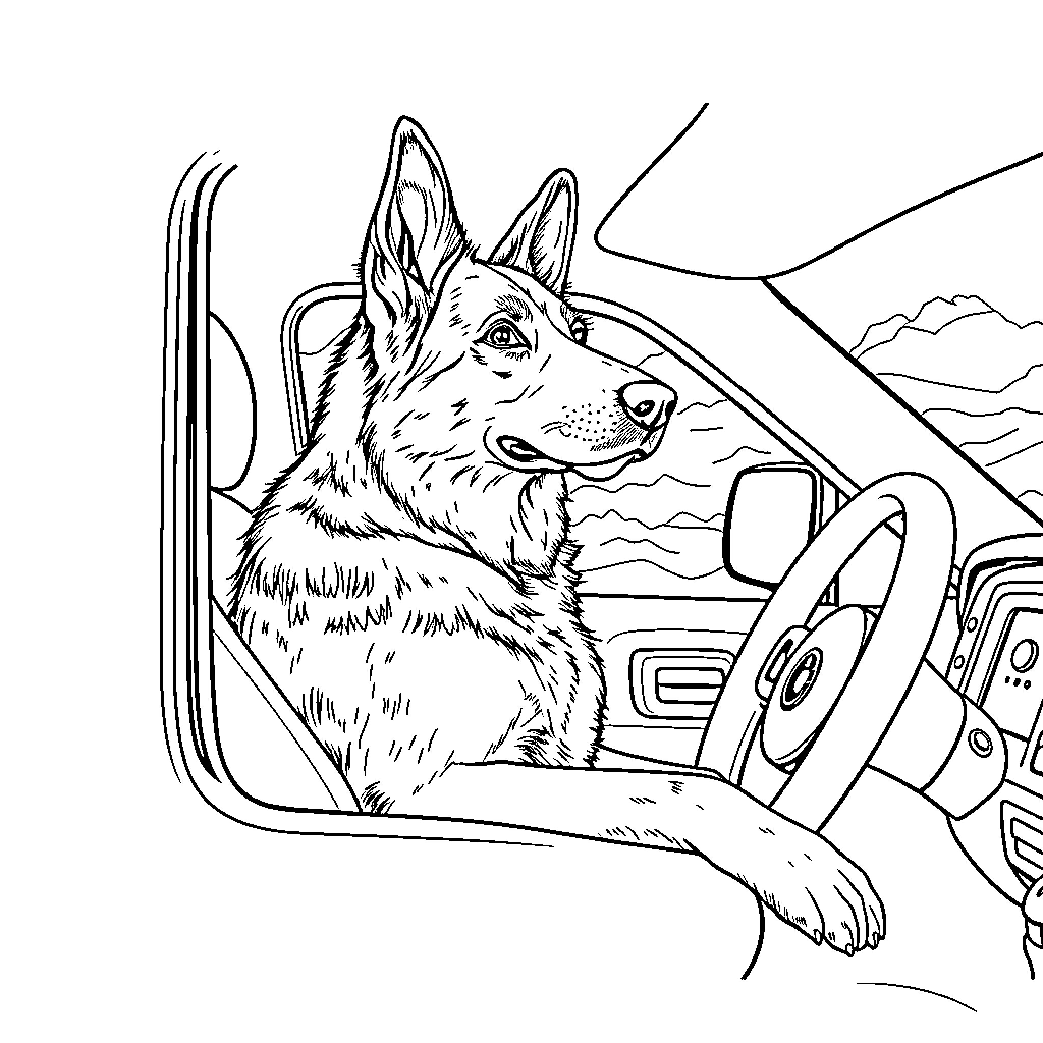 German Shepherd riding in a car happily Coloring Page (free black-and-white line drawing printable PDF for all, from beginners to advanced learners, including children, teens, adults, and seniors)