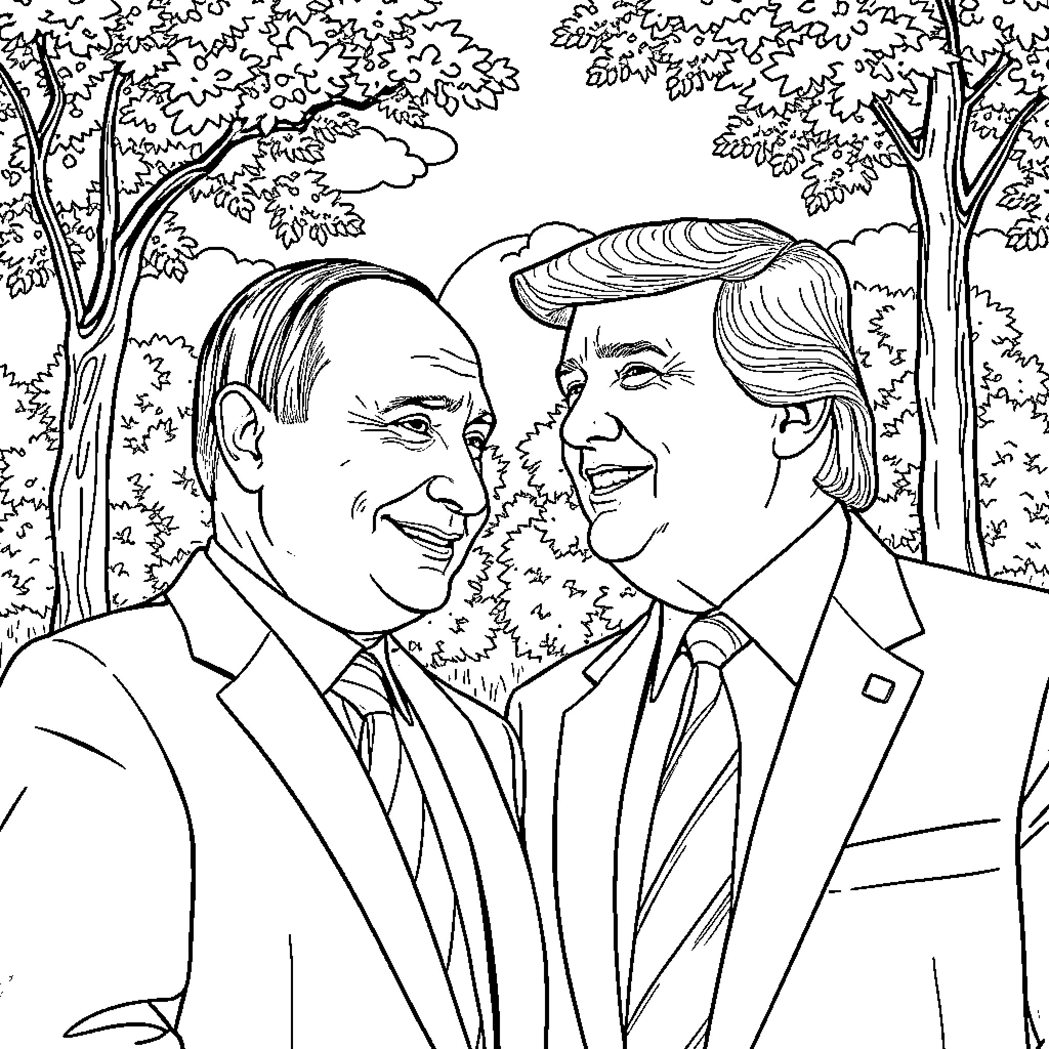 Vladimir Putin and Donald Trump in friendly discussion Coloring Page (free black-and-white line drawing printable PDF for all, from beginners to advanced learners, including children, teens, adults, and seniors)