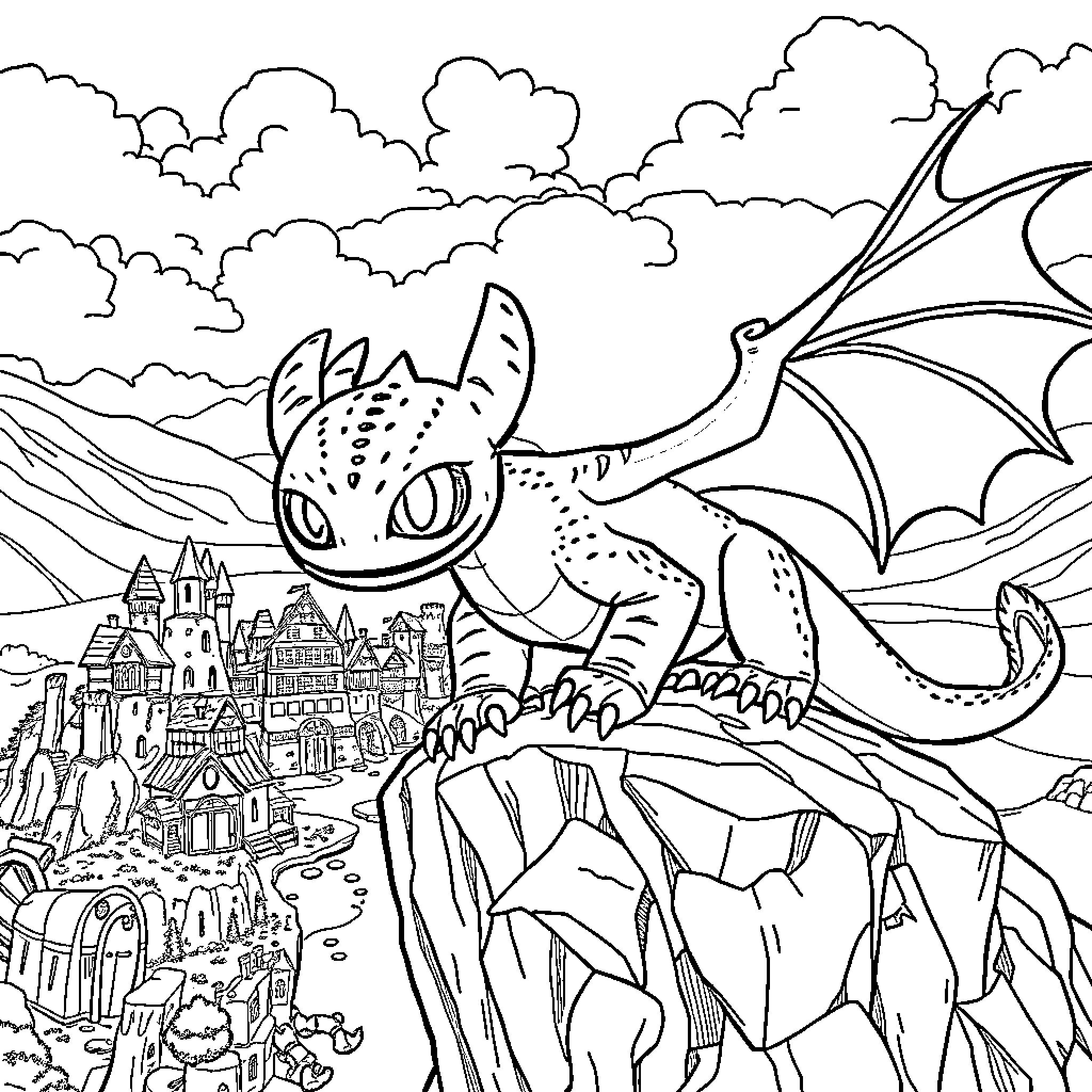 Toothless dragon soaring over a fantasy castle landscape Coloring Page (free black-and-white line drawing printable PDF for all, from beginners to advanced learners, including children, teens, adults, and seniors)