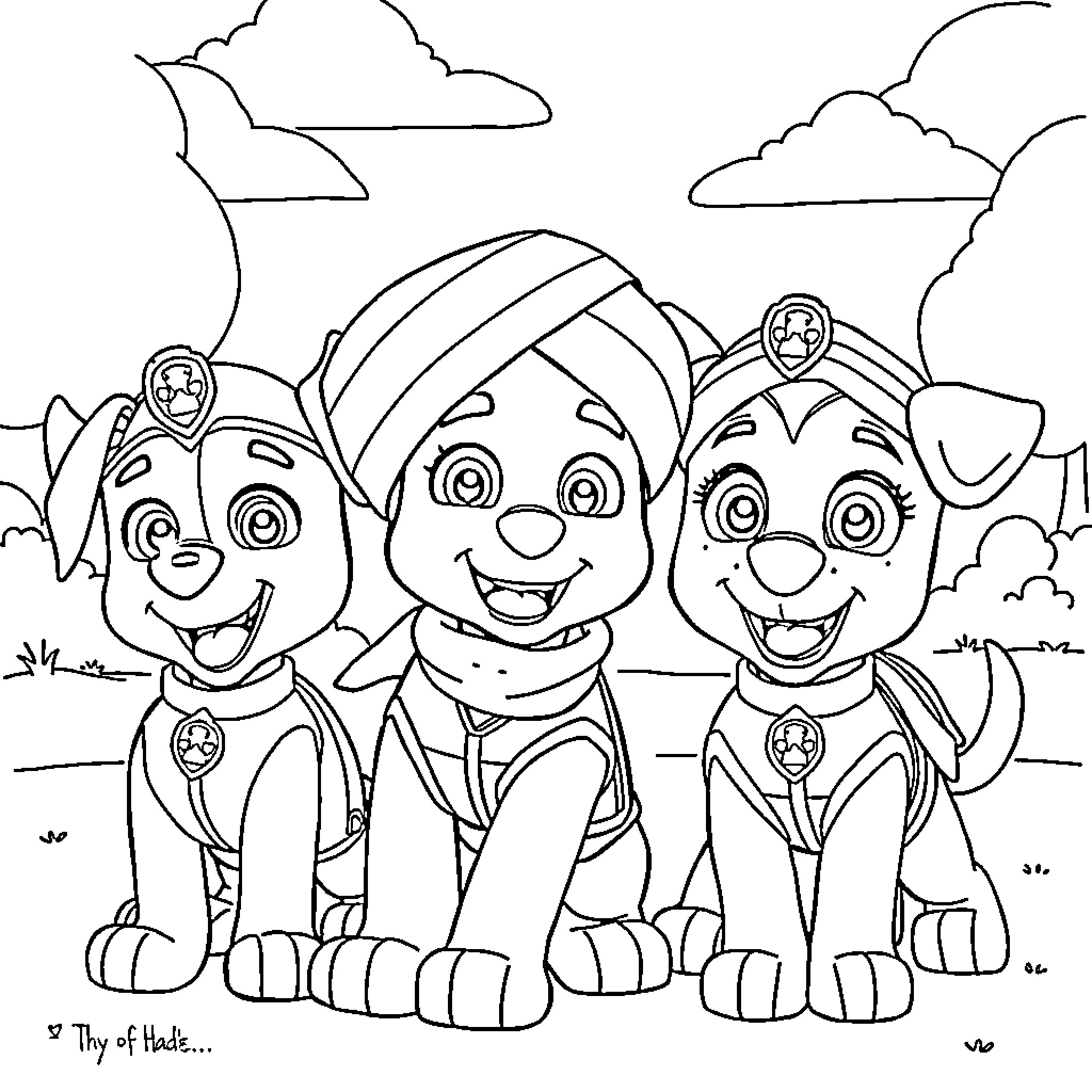 Paw Patrol characters in an outdoor scene Coloring Page (free black-and-white line drawing printable PDF for all, from beginners to advanced learners, including children, teens, adults, and seniors)