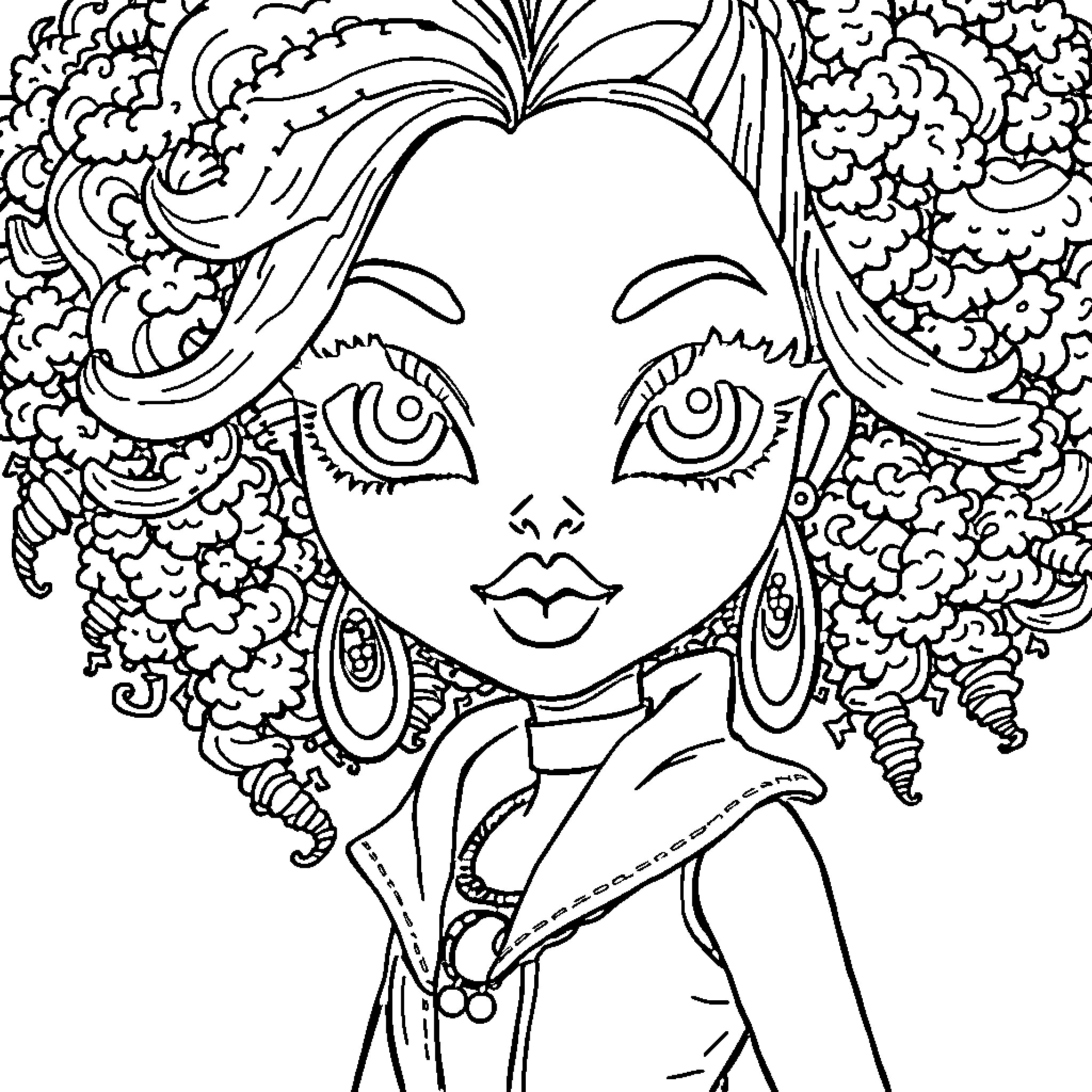 Girl with elaborate hairstyle and stylish outfit Coloring Page (free black-and-white line drawing printable PDF for all, from beginners to advanced learners, including children, teens, adults, and seniors)