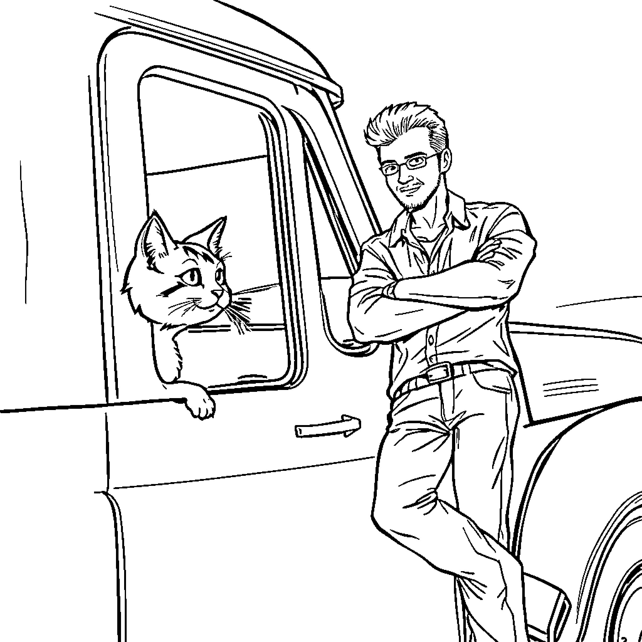 Cat Riding in Truck with Owner Coloring Page (free black-and-white line drawing printable PDF for all, from beginners to advanced learners, including children, teens, adults, and seniors)