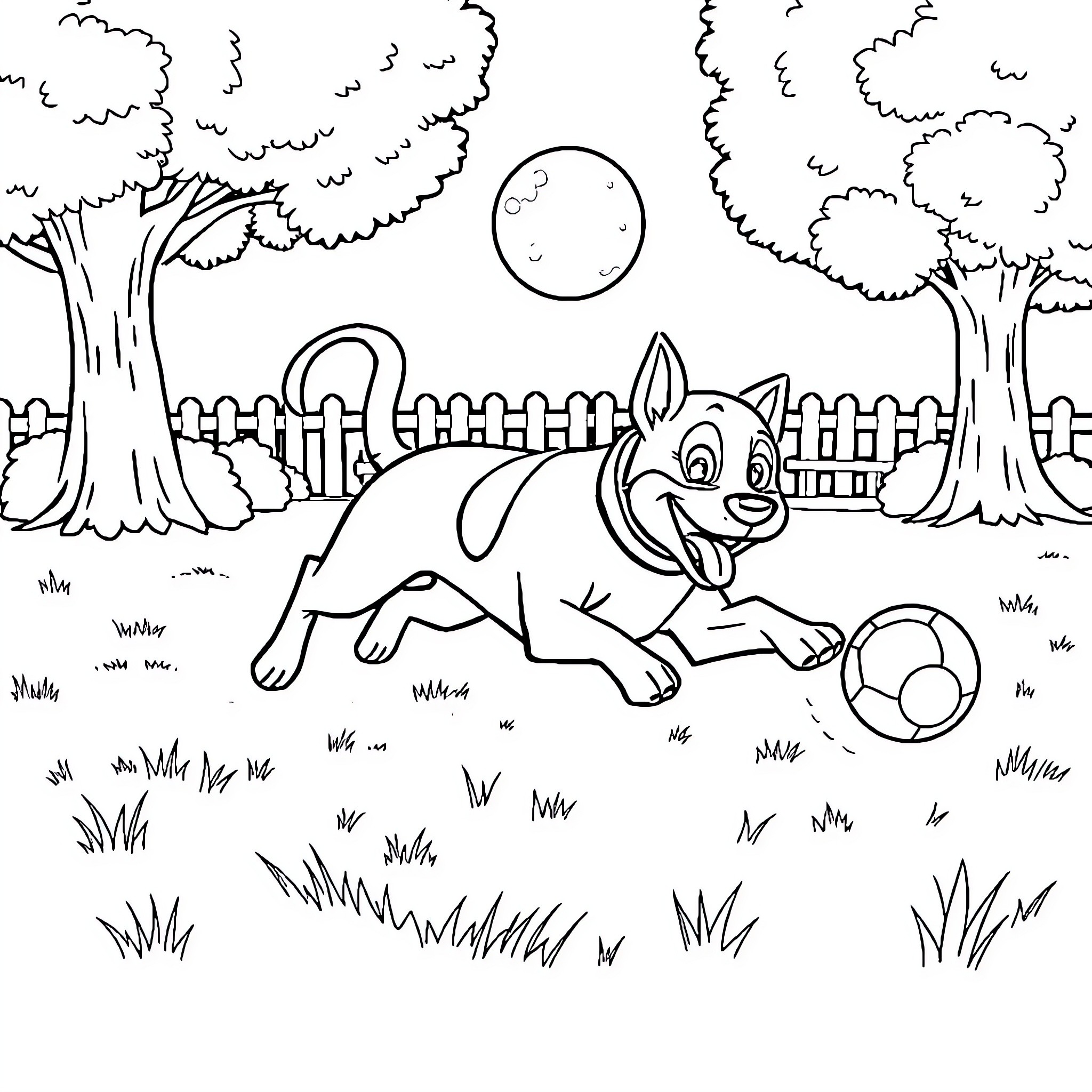 Krypto playing with a ball in the park Coloring Page (free black-and-white line drawing printable PDF for all, from beginners to advanced learners, including children, teens, adults, and seniors)