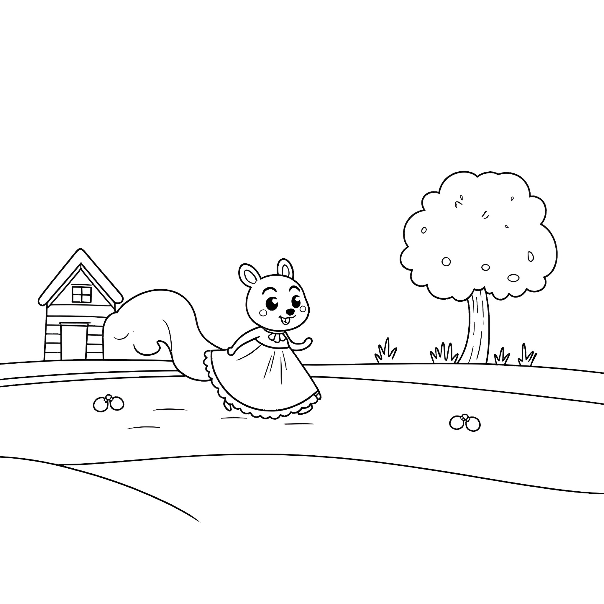 Squirrel enjoying a day in the countryside Coloring Page (free black-and-white line drawing printable PDF for all, from beginners to advanced learners, including children, teens, adults, and seniors)