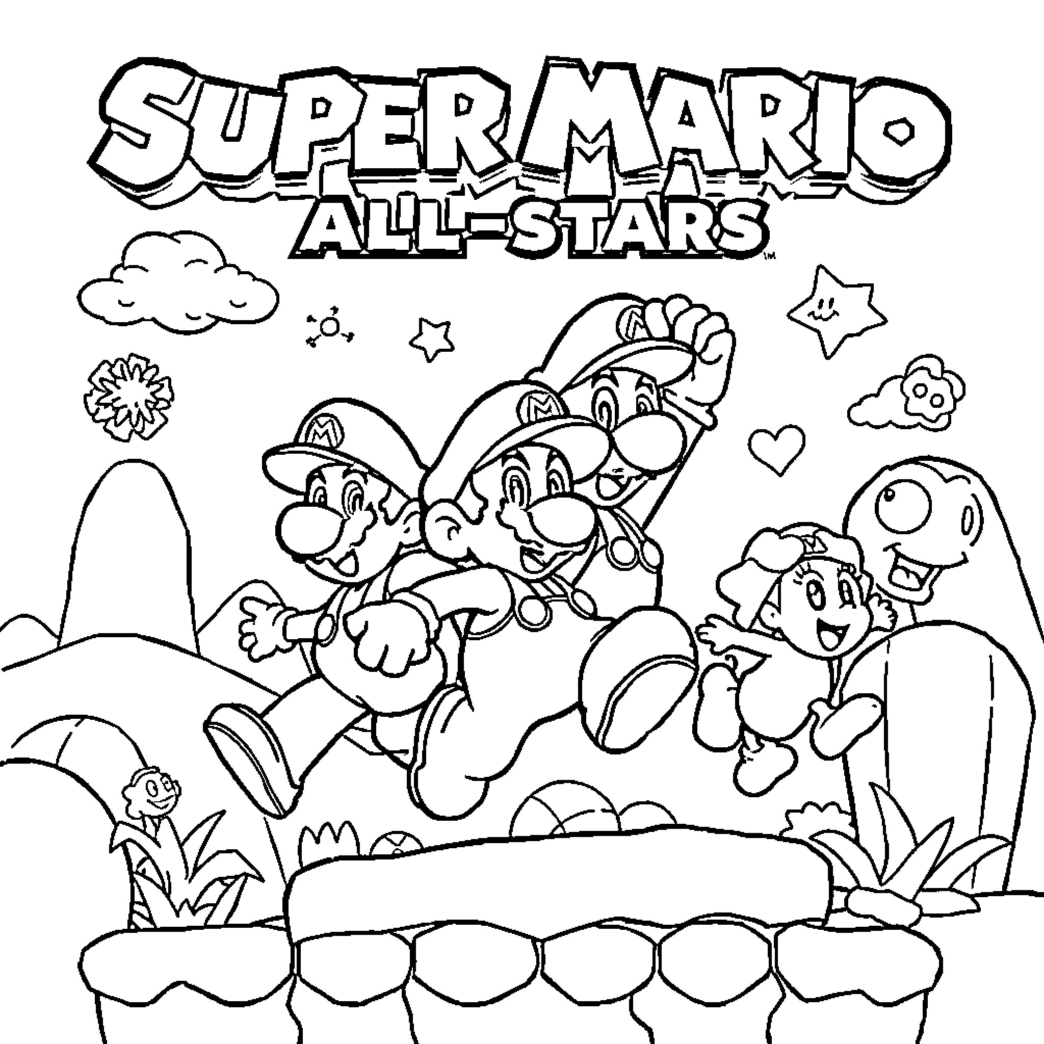 Super Mario All-Stars Characters in Playful Adventure Coloring Page (free black-and-white line drawing printable PDF for all, from beginners to advanced learners, including children, teens, adults, and seniors)