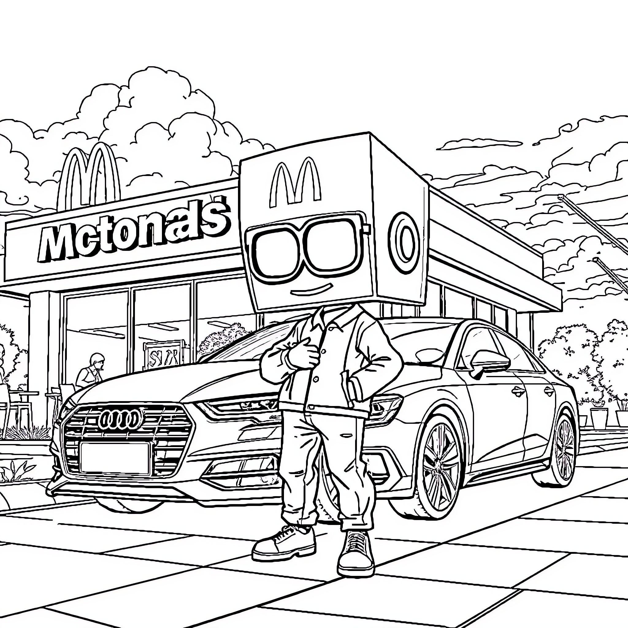 Box-Head in Front of the Fast Food Establishment Coloring Page (free black-and-white line drawing printable PDF for all, from beginners to advanced learners, including children, teens, adults, and seniors)