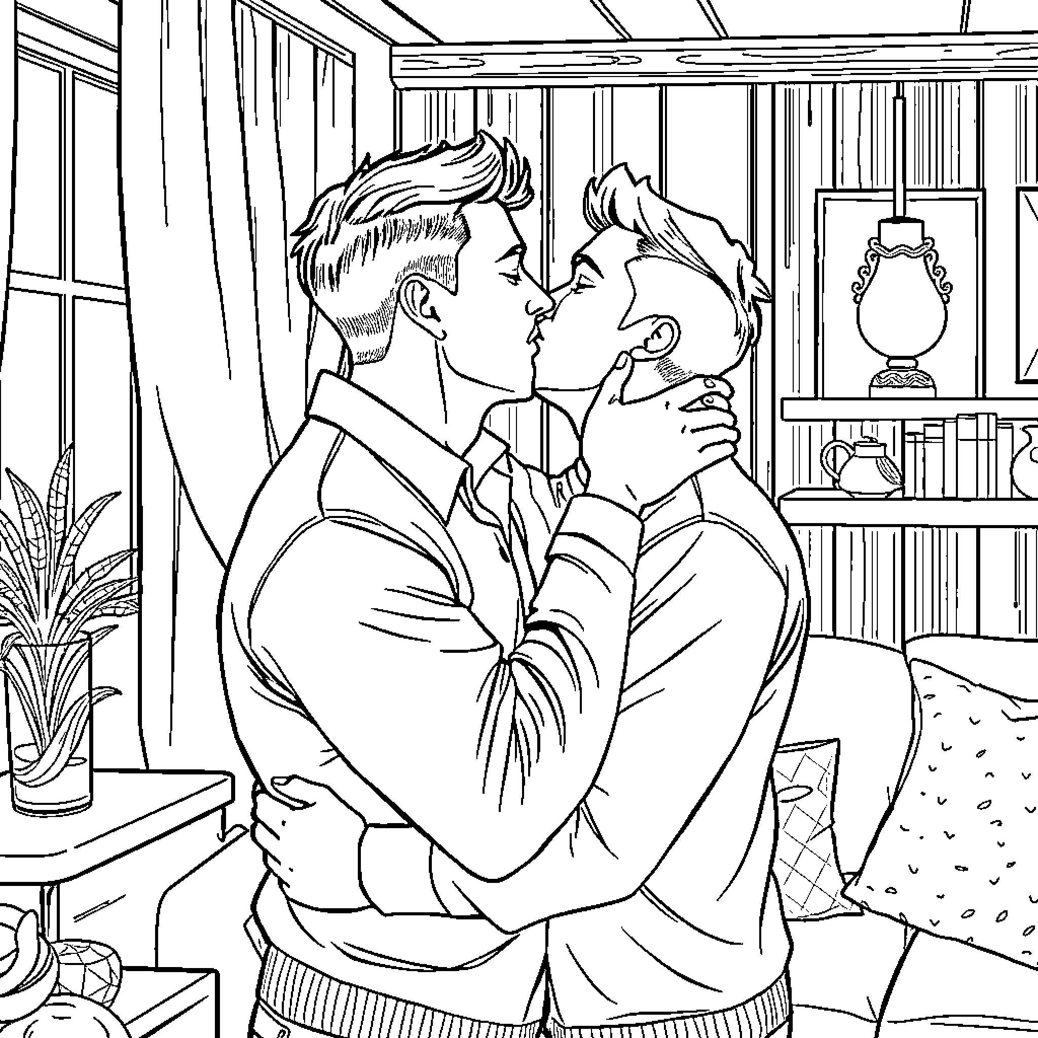 Man in intimate embrace with another man Coloring Page (free black-and-white line drawing printable PDF for all, from beginners to advanced learners, including children, teens, adults, and seniors)