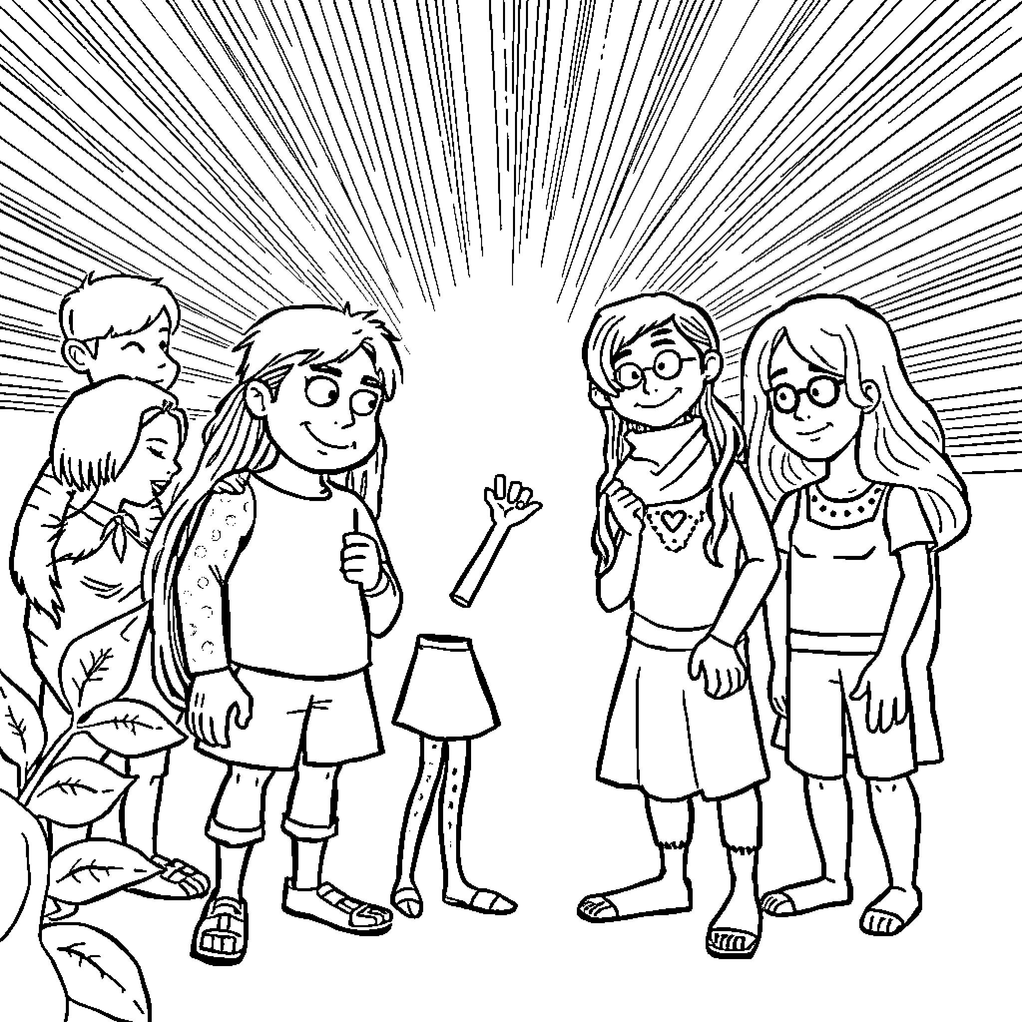 Character Group Exploring Unique Environment Coloring Page (free black-and-white line drawing printable PDF for all, from beginners to advanced learners, including children, teens, adults, and seniors)