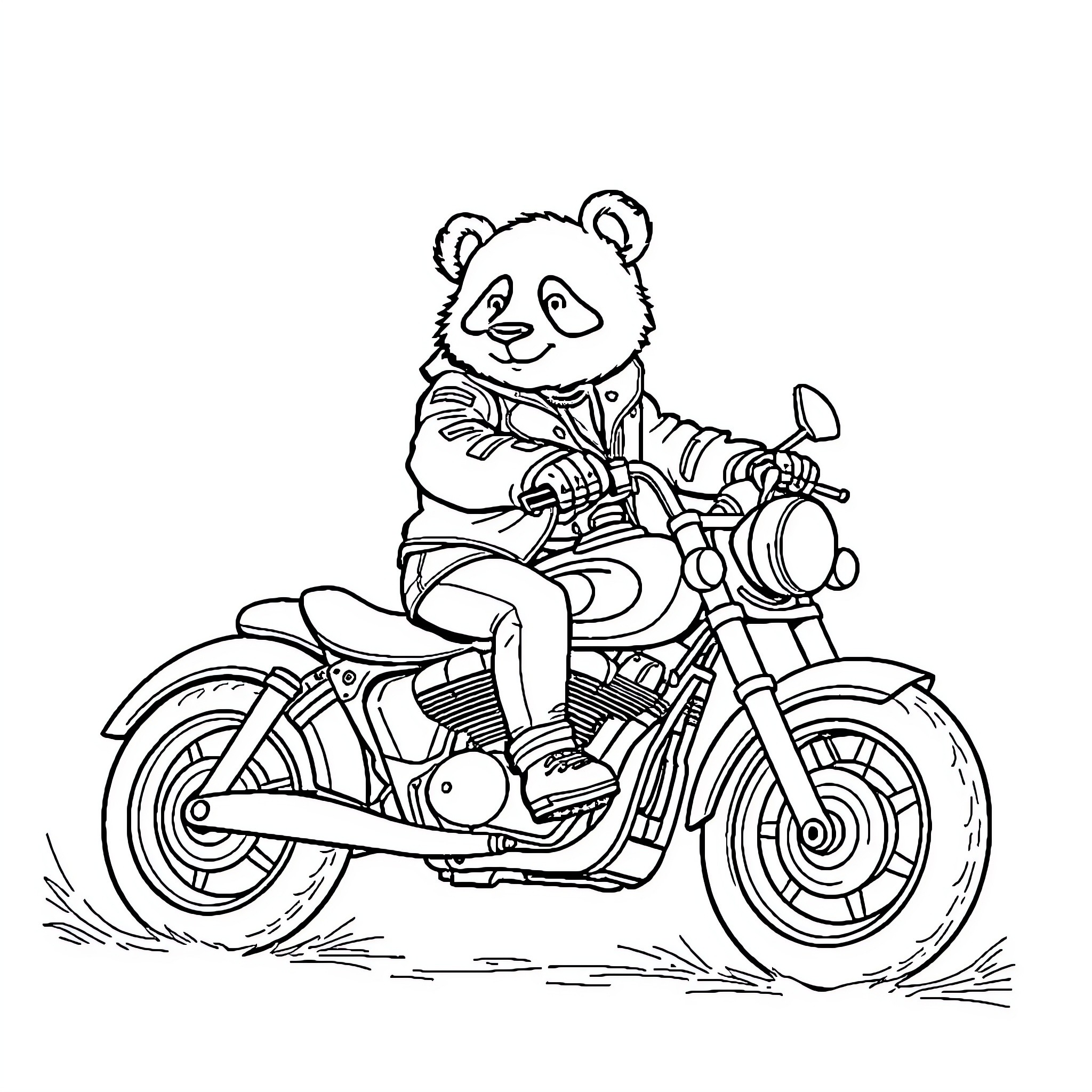 Panda riding motorcycle joyfully Coloring Page (free black-and-white line drawing printable PDF for all, from beginners to advanced learners, including children, teens, adults, and seniors)
