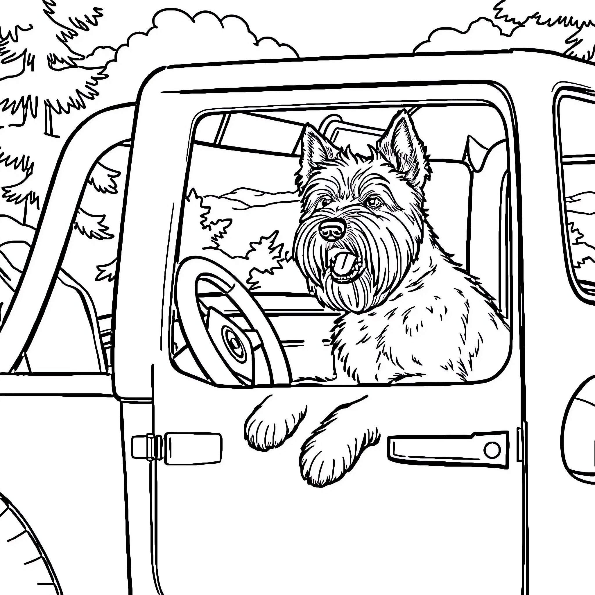Wheaten Terrier enjoying a ride in the car Coloring Page (free black-and-white line drawing printable PDF for all, from beginners to advanced learners, including children, teens, adults, and seniors)