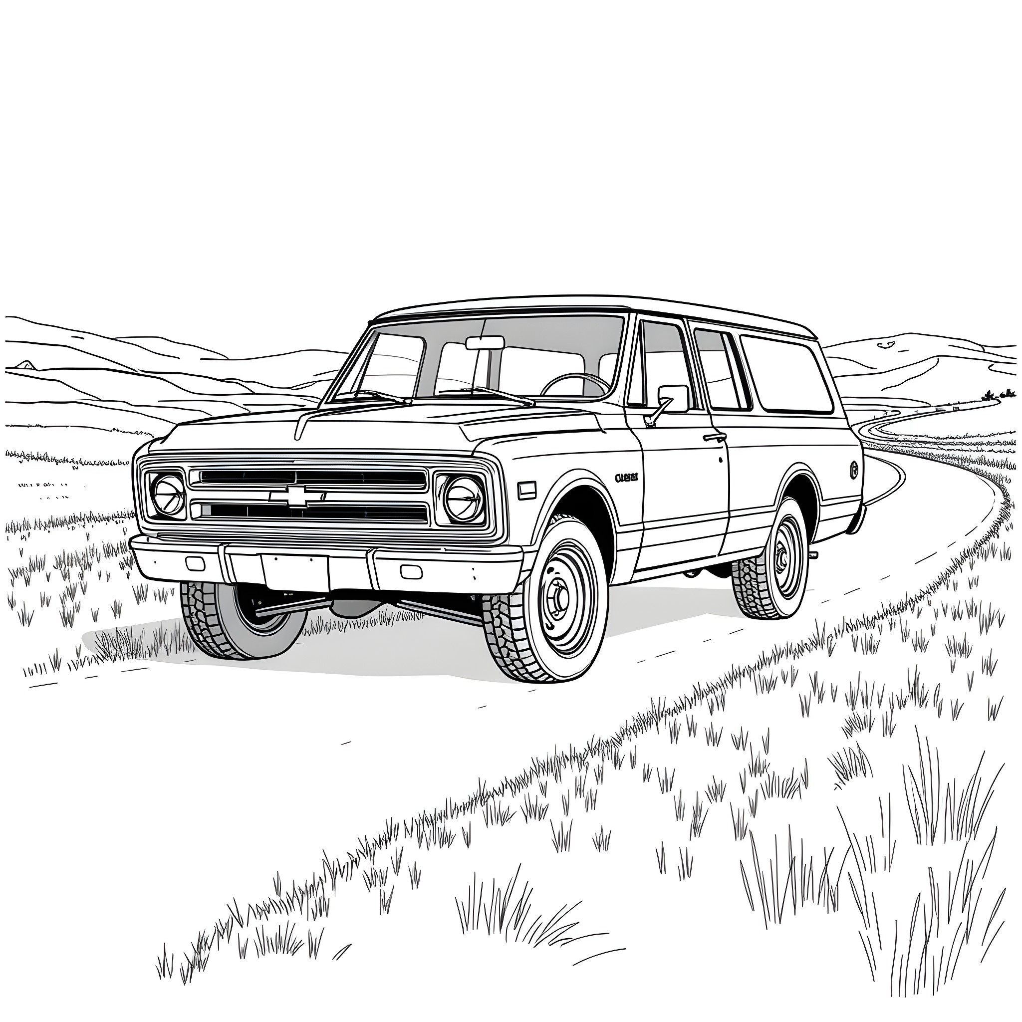 Chevy classic SUV traversing rugged terrain Coloring Page (free black-and-white line drawing printable PDF for all, from beginners to advanced learners, including children, teens, adults, and seniors)