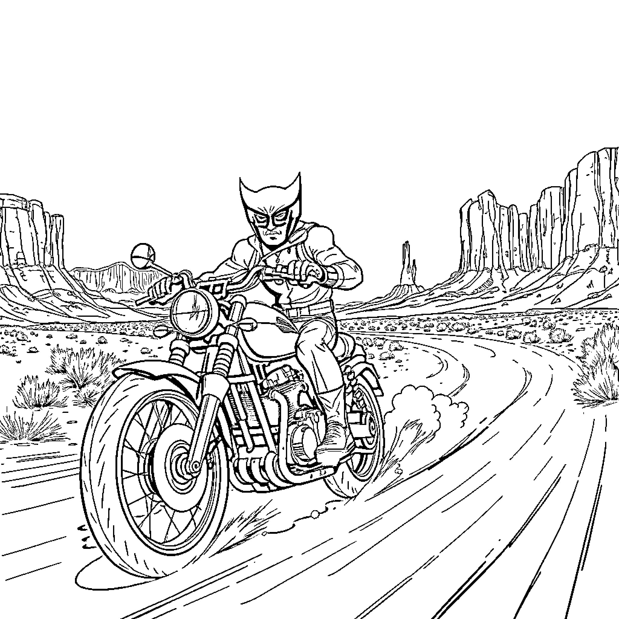 Wolverine riding a motorcycle through the desert Coloring Page (free black-and-white line drawing printable PDF for all, from beginners to advanced learners, including children, teens, adults, and seniors)