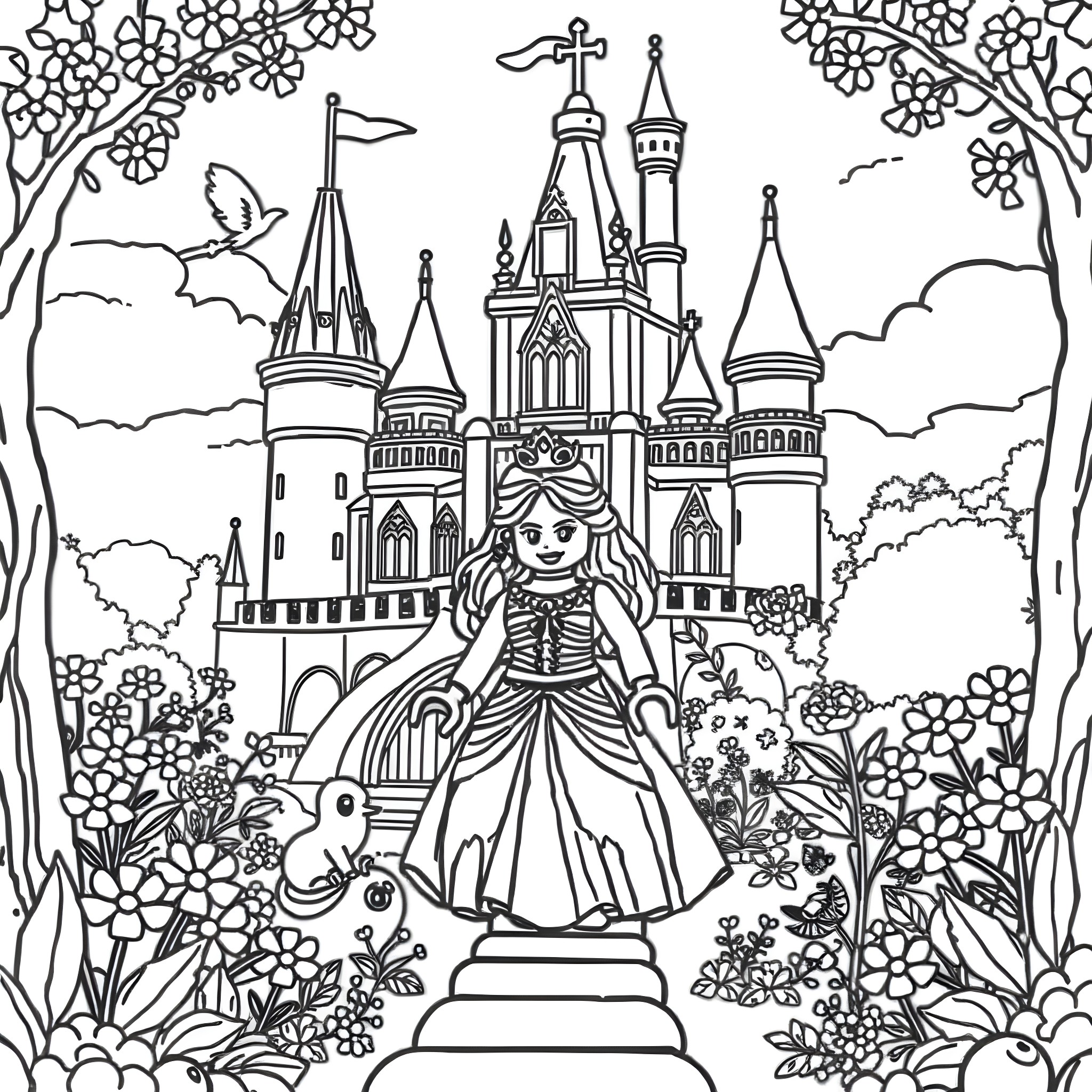Princess in a Magical Kingdom Coloring Page (free black-and-white line drawing printable PDF for all, from beginners to advanced learners, including children, teens, adults, and seniors)