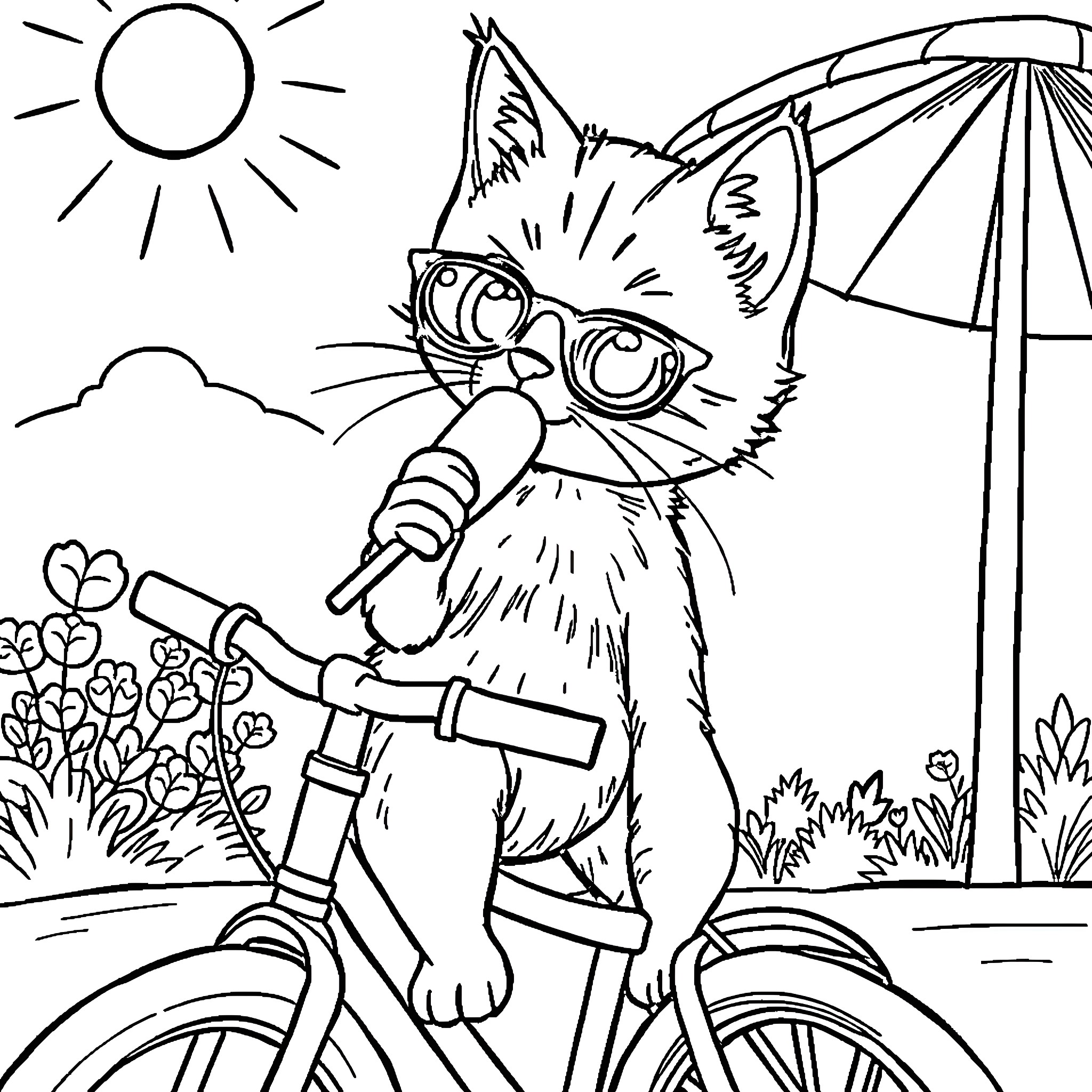 Cat enjoying the sunny day on a bicycle Coloring Page (free black-and-white line drawing printable PDF for all, from beginners to advanced learners, including children, teens, adults, and seniors)