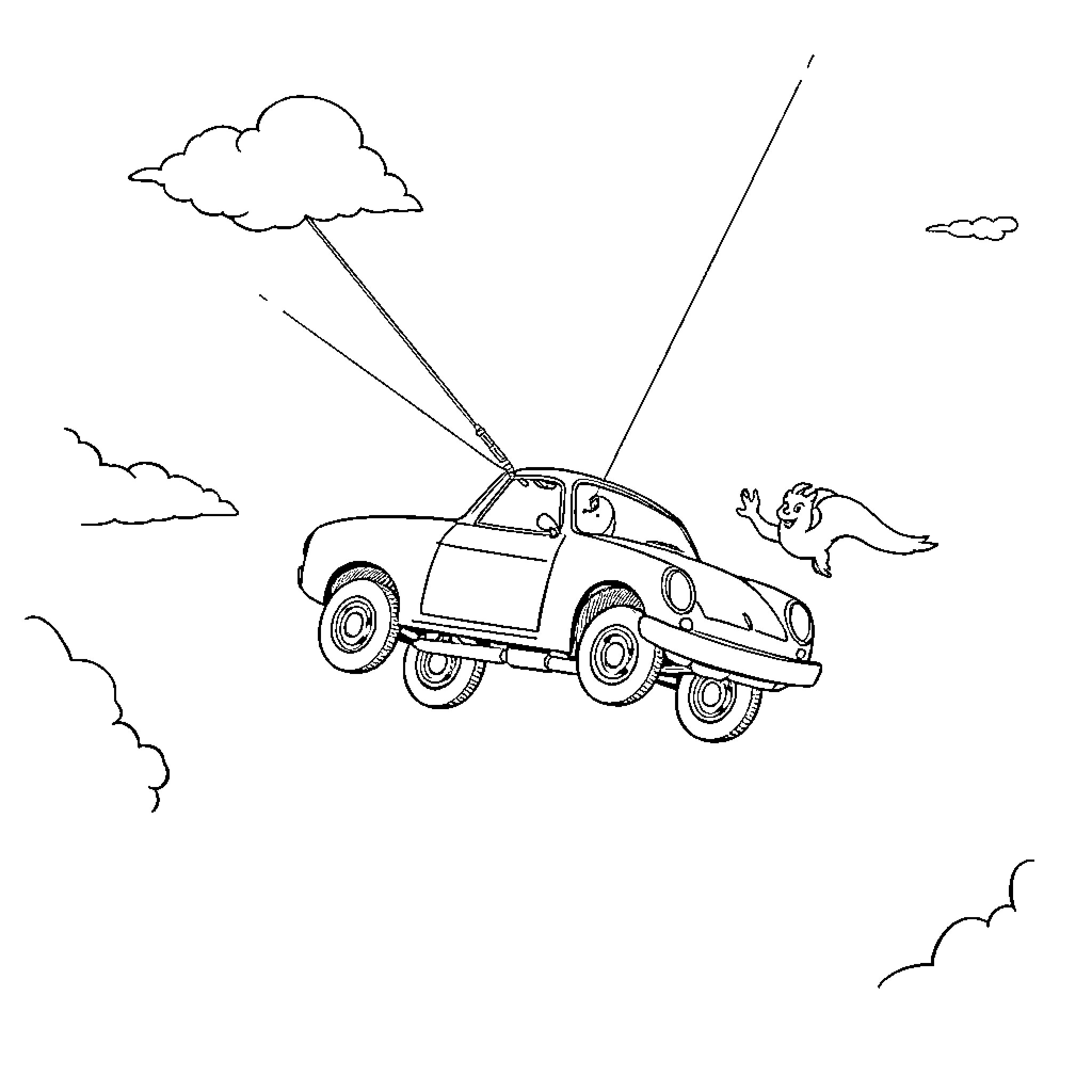 Voiture flying above the clouds with a bird Coloring Page (free black-and-white line drawing printable PDF for all, from beginners to advanced learners, including children, teens, adults, and seniors)