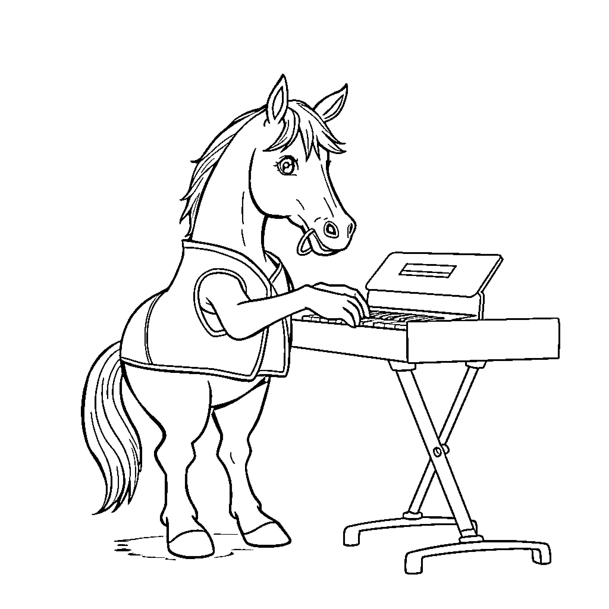 Horse playing piano on a stage Coloring Page (free black-and-white line drawing printable PDF for all, from beginners to advanced learners, including children, teens, adults, and seniors)