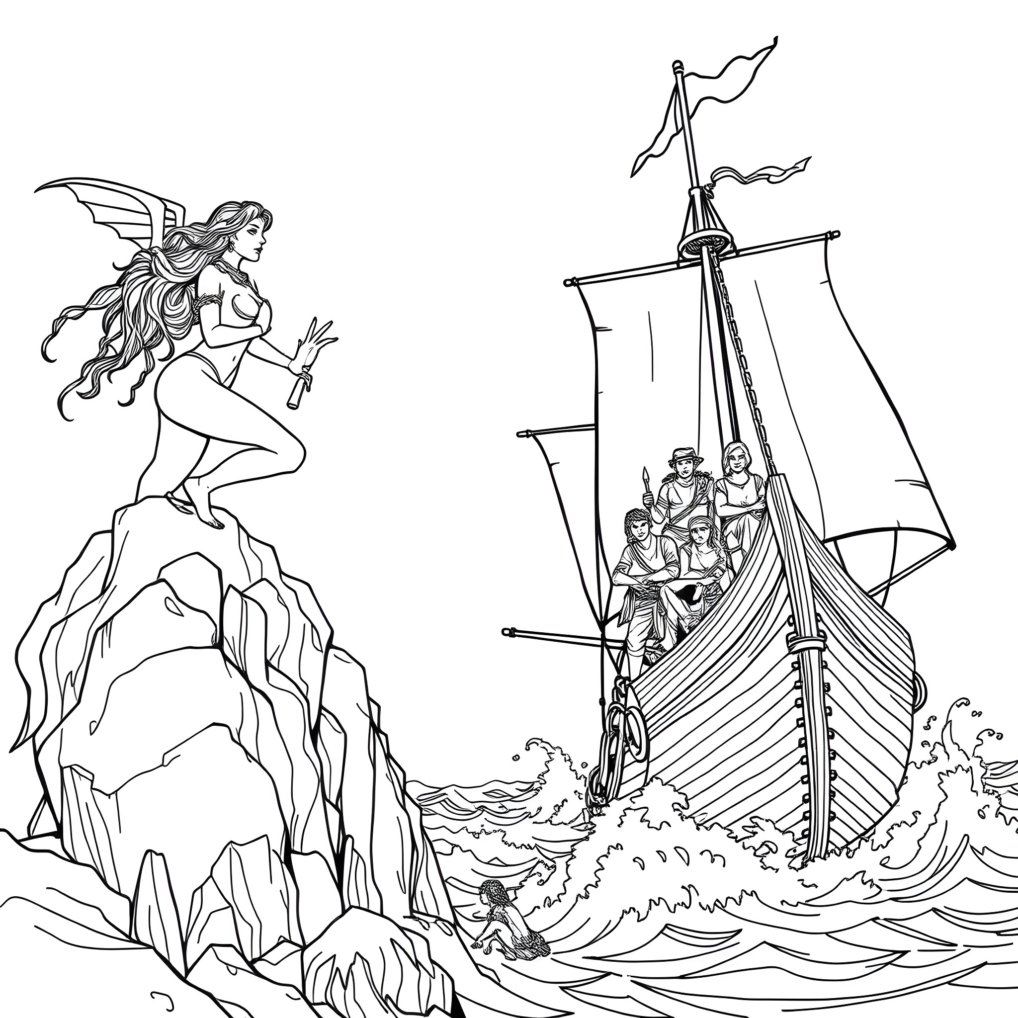 Siren beckoning sailors towards rocky cliff Coloring Page (free black-and-white line drawing printable PDF for all, from beginners to advanced learners, including children, teens, adults, and seniors)
