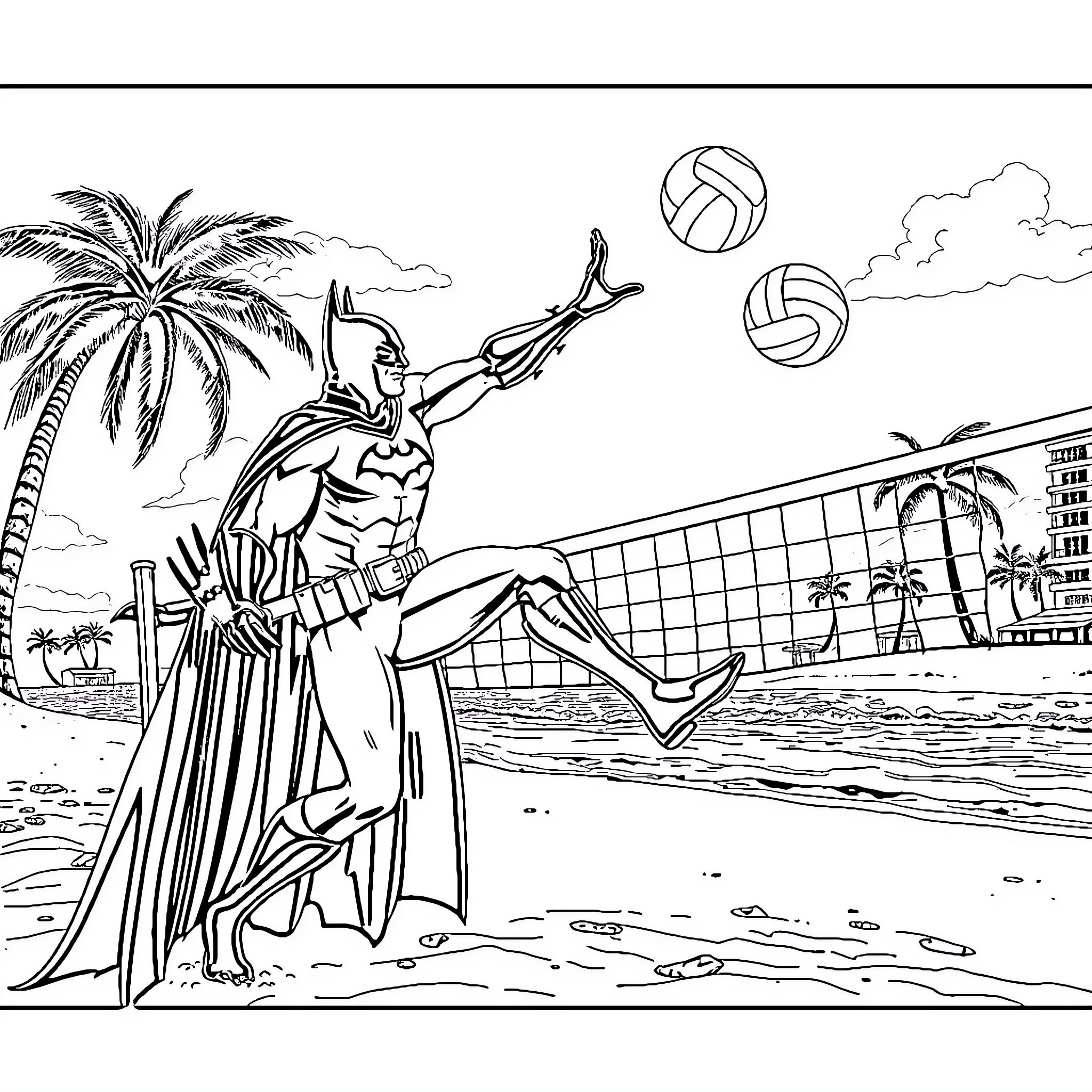 Batman playing volleyball on a tropical beach Coloring Page (free black-and-white line drawing printable PDF for all, from beginners to advanced learners, including children, teens, adults, and seniors)