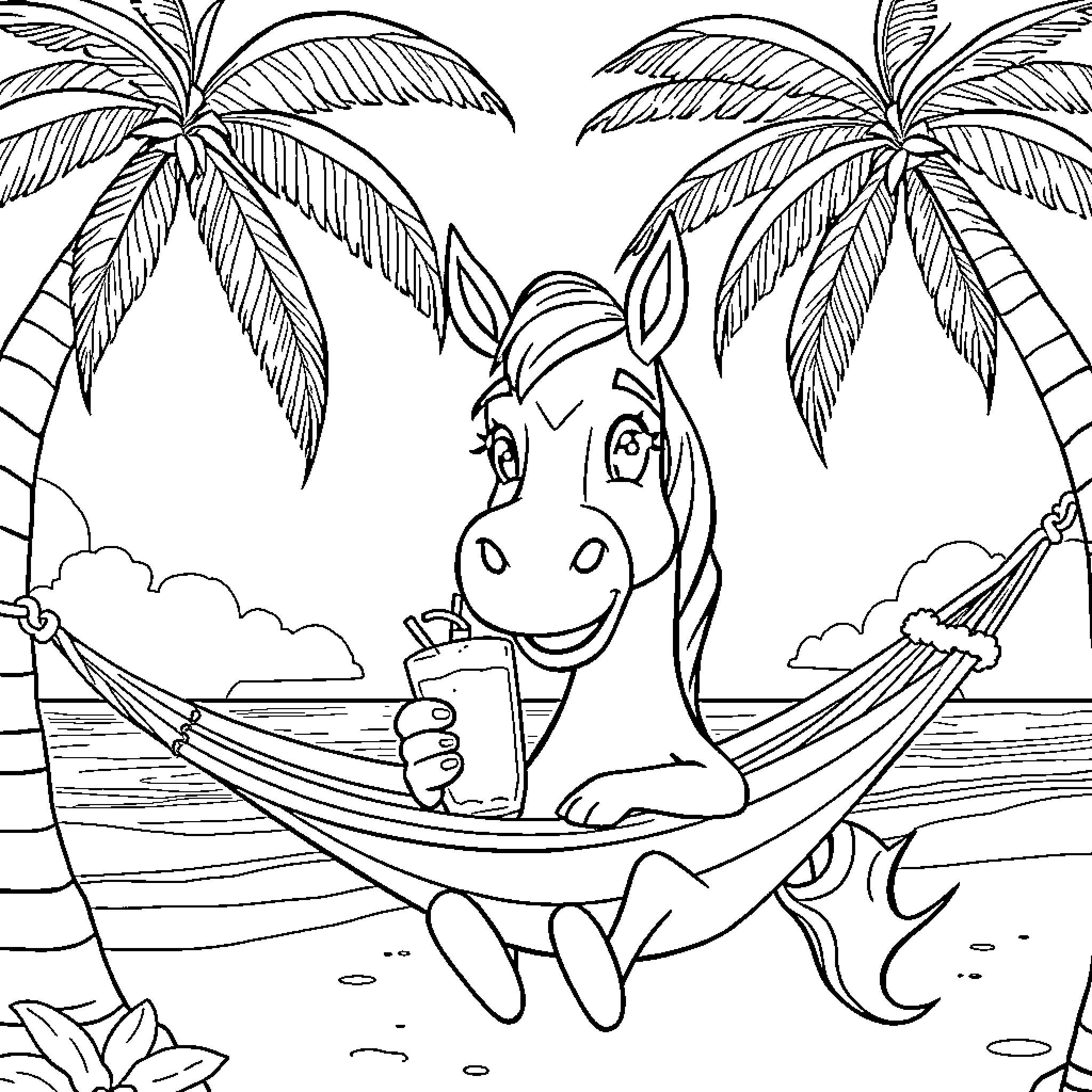 Horse relaxing in a tropical hammock Coloring Page (free black-and-white line drawing printable PDF for all, from beginners to advanced learners, including children, teens, adults, and seniors)