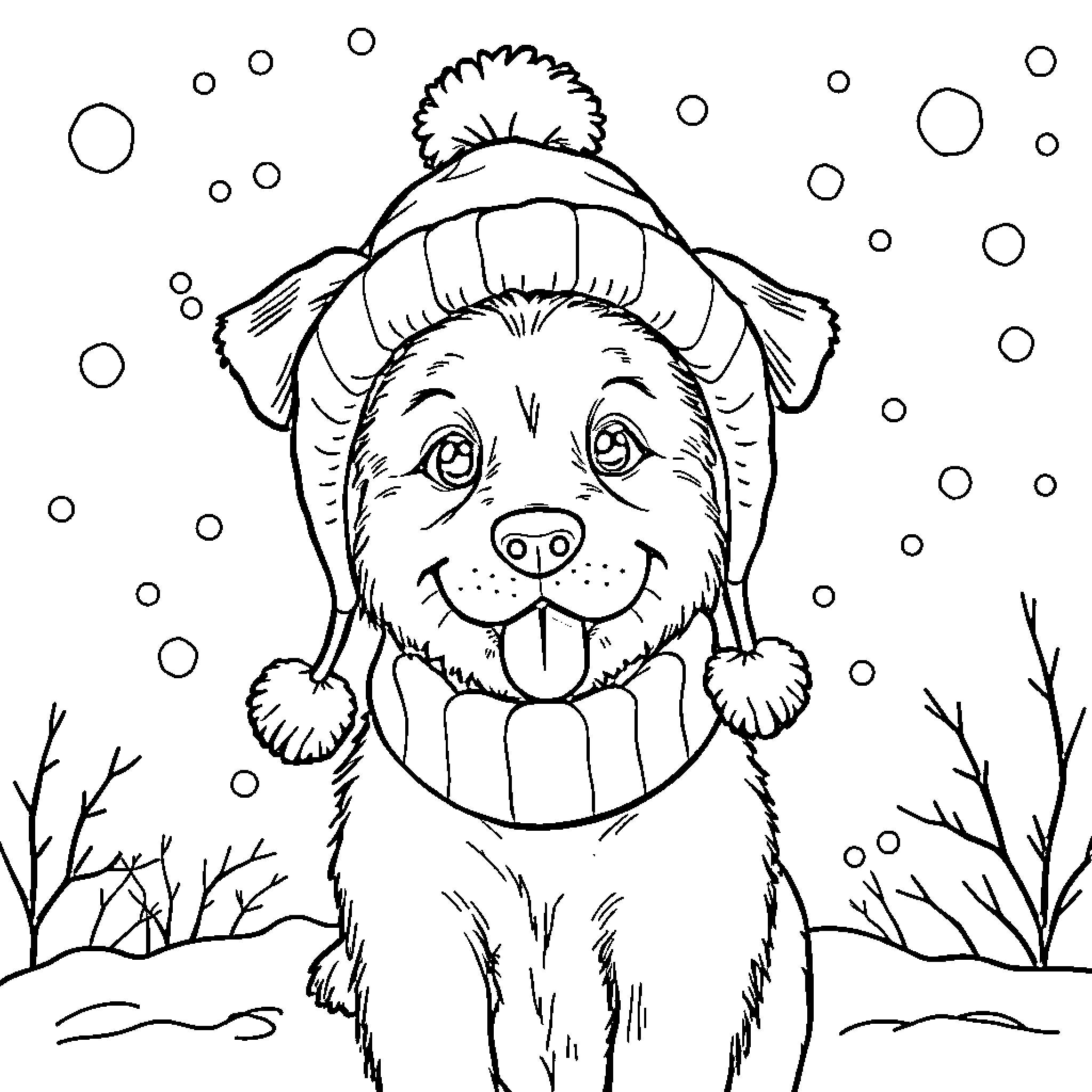 Dog in Winter Wonderland Coloring Page (free black-and-white line drawing printable PDF for all, from beginners to advanced learners, including children, teens, adults, and seniors)