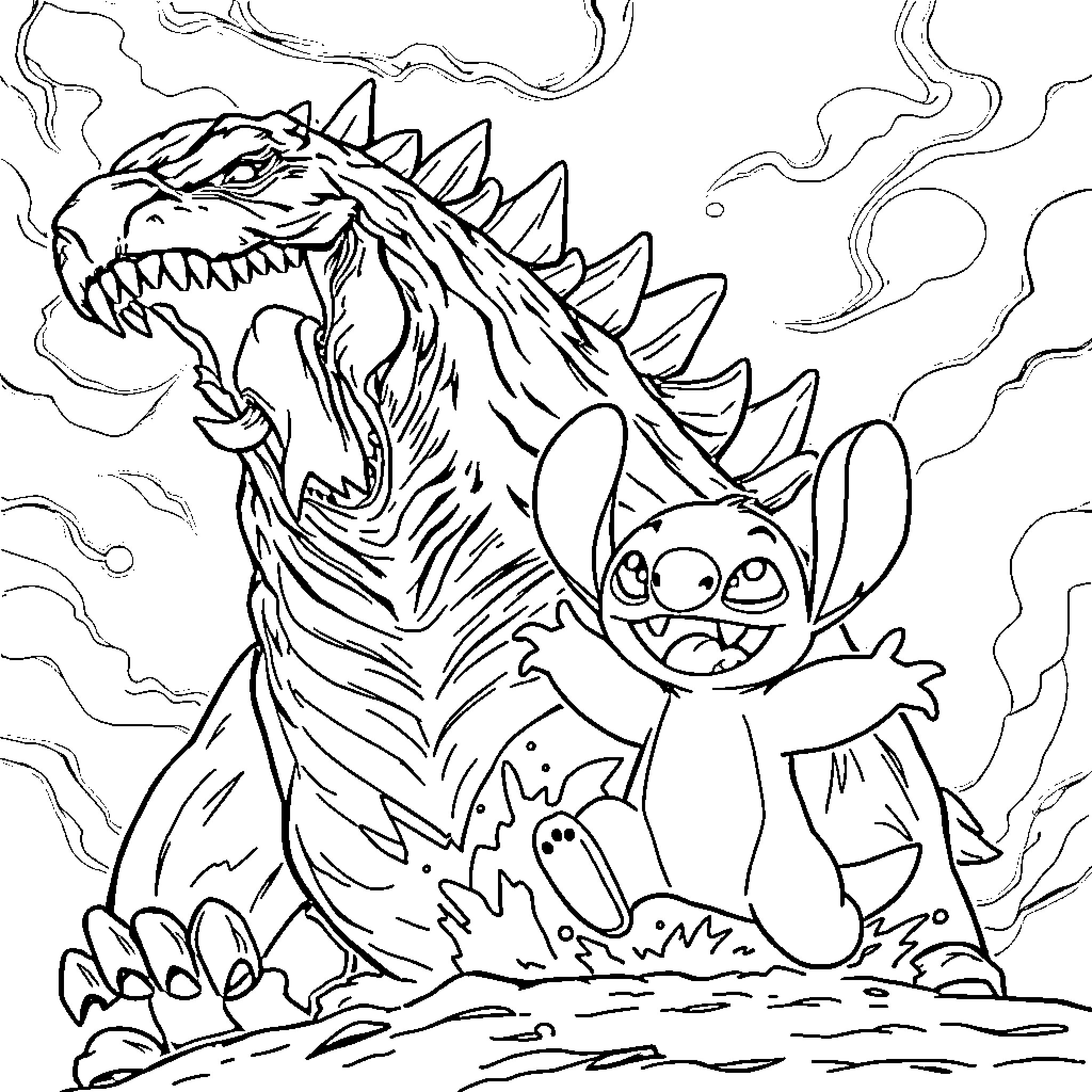 Godzilla facing off against a mischievous creature Coloring Page (free black-and-white line drawing printable PDF for all, from beginners to advanced learners, including children, teens, adults, and seniors)