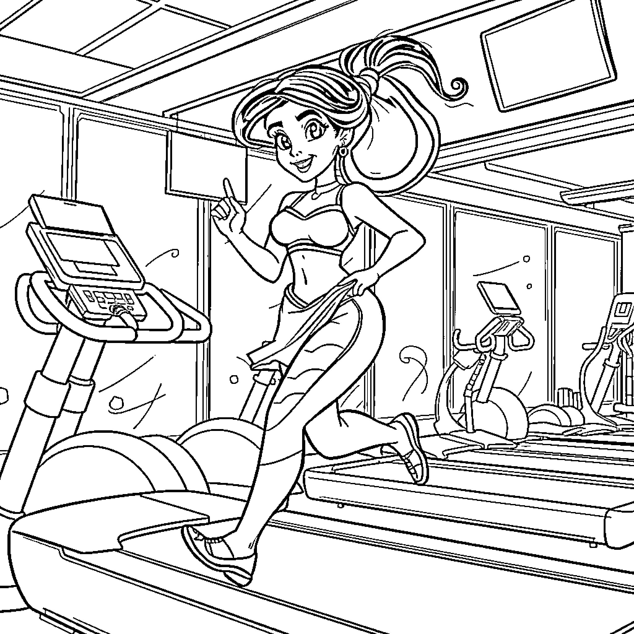 Jasmine Working Out at the Gym Coloring Page (free black-and-white line drawing printable PDF for all, from beginners to advanced learners, including children, teens, adults, and seniors)
