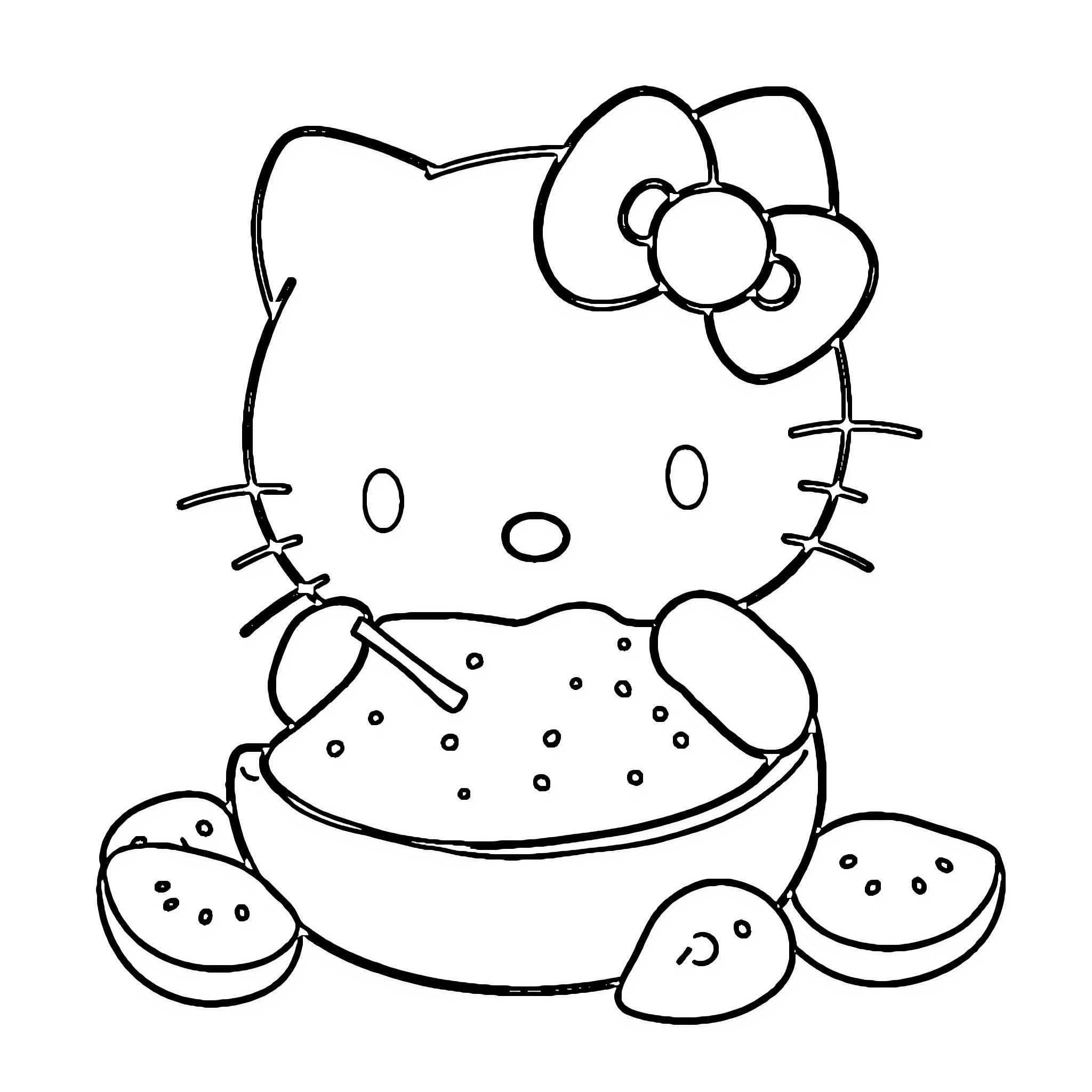Hello Kitty enjoying a bowl of treats Coloring Page (free black-and-white line drawing printable PDF for all, from beginners to advanced learners, including children, teens, adults, and seniors)