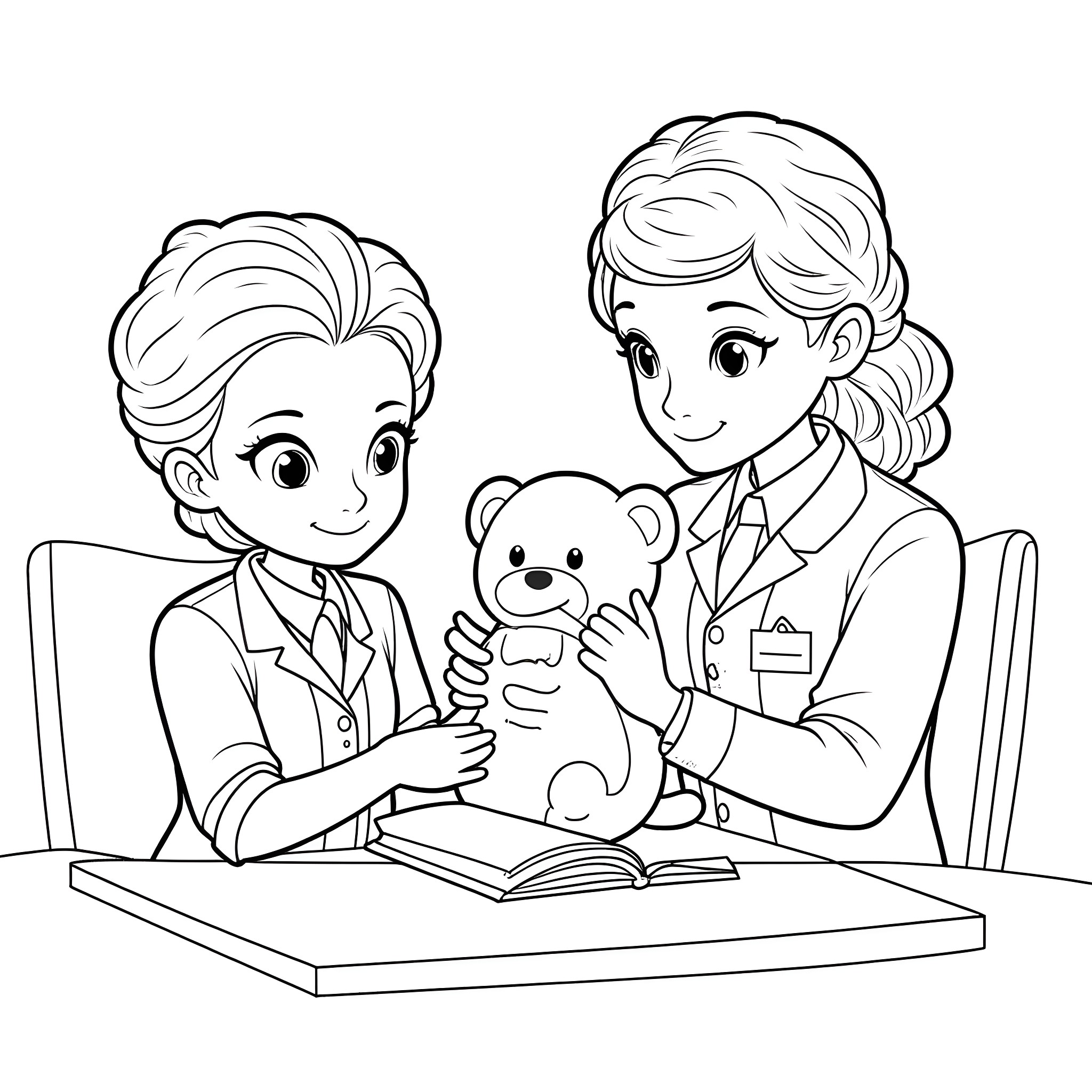 Elsa and Anna Sharing a Teddy Bear at School Coloring Page (free black-and-white line drawing printable PDF for all, from beginners to advanced learners, including children, teens, adults, and seniors)