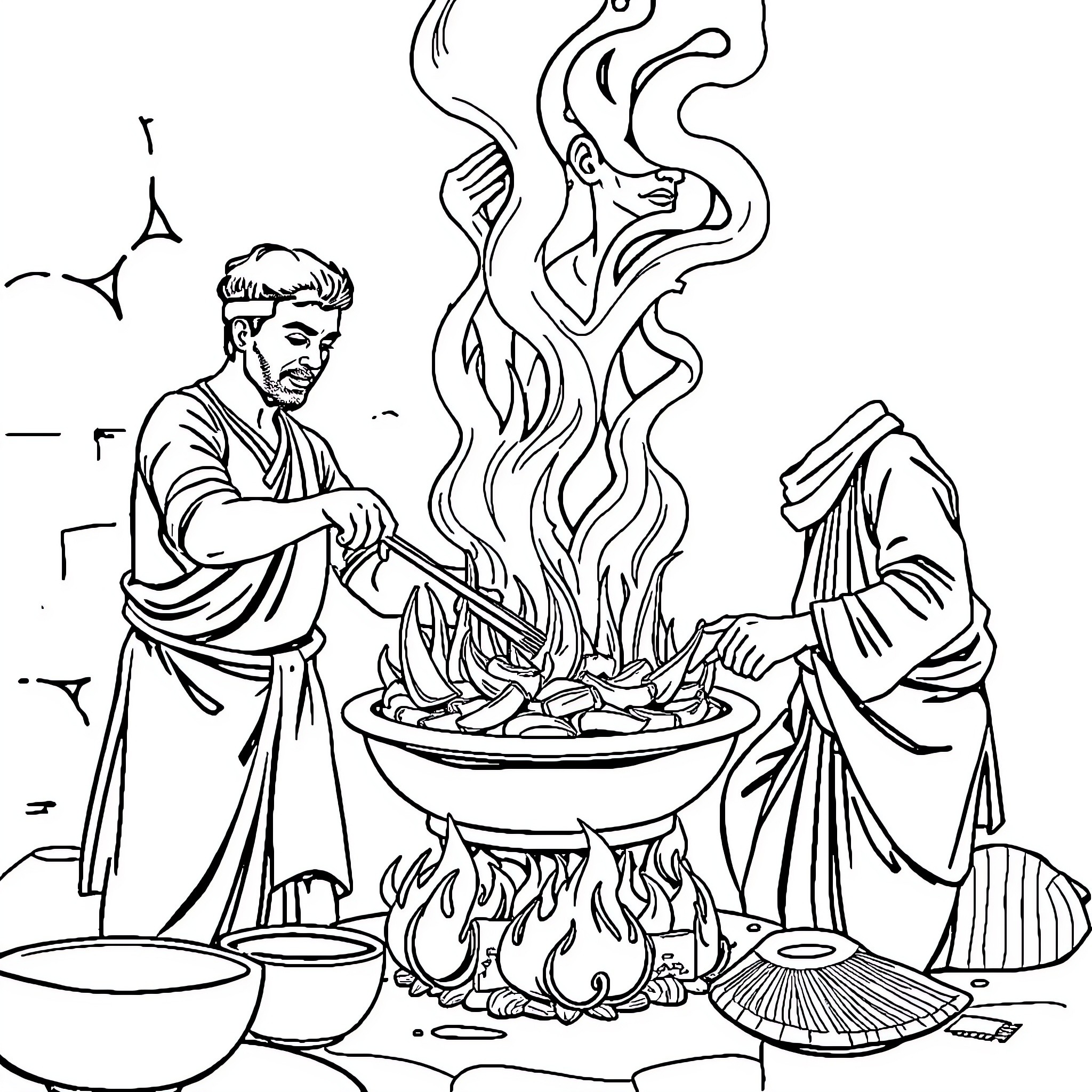 Man cooking over a fire in traditional attire Coloring Page (free black-and-white line drawing printable PDF for all, from beginners to advanced learners, including children, teens, adults, and seniors)