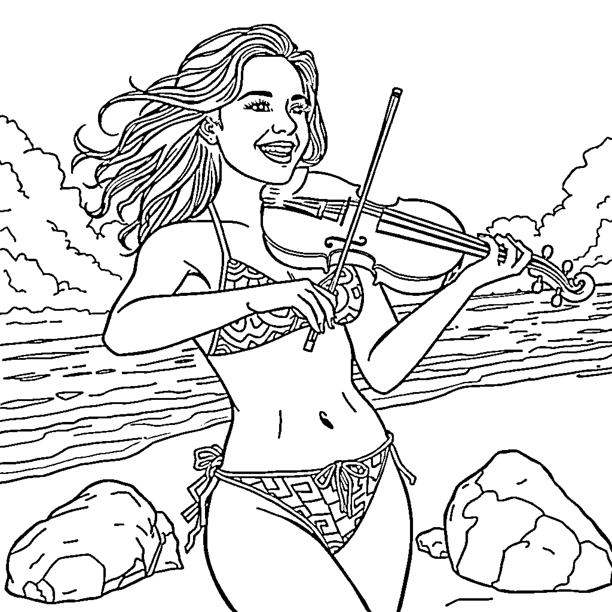 Lindsey Stirling performing violin by the sea Coloring Page (free black-and-white line drawing printable PDF for all, from beginners to advanced learners, including children, teens, adults, and seniors)