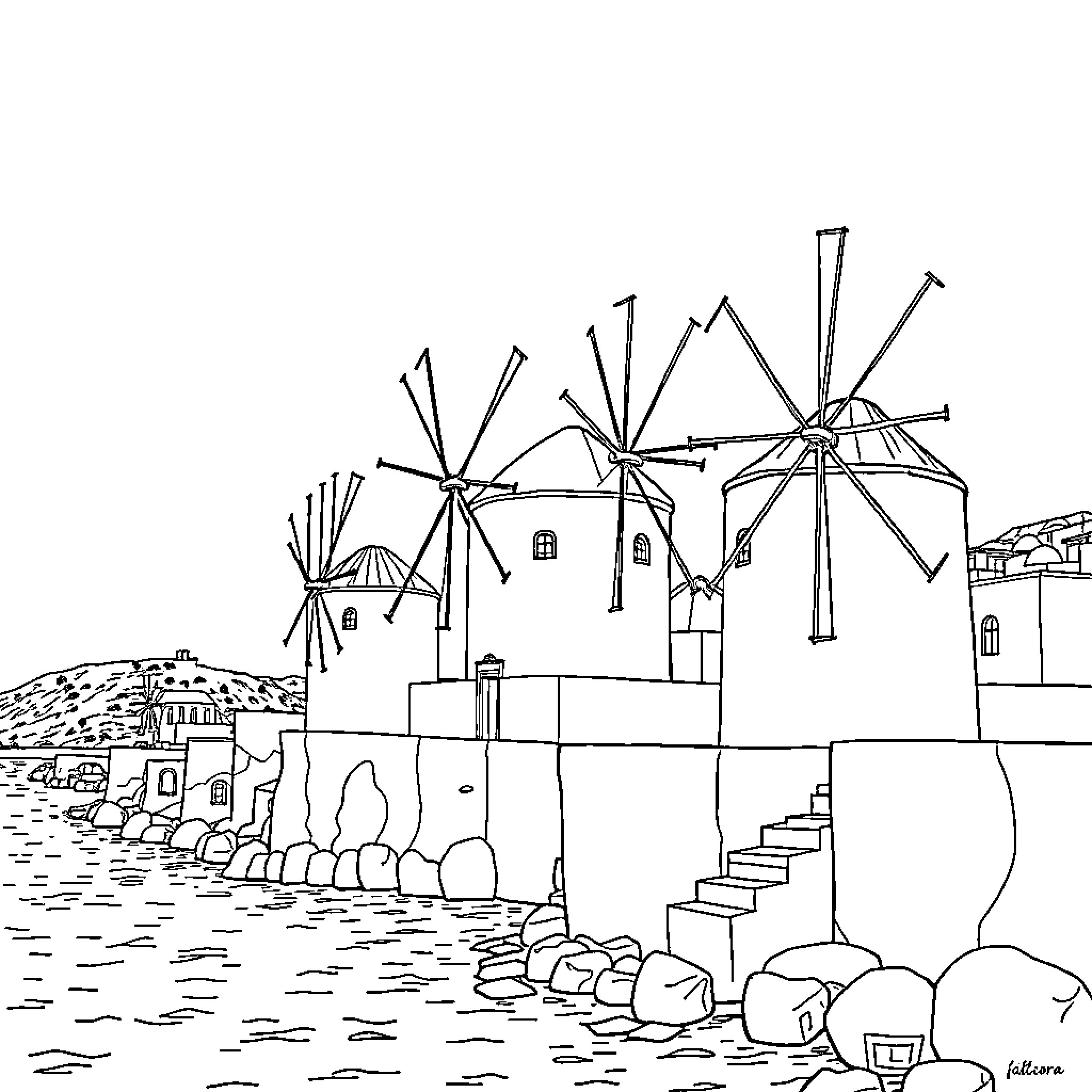 Windmill structures in a coastal landscape Coloring Page (free black-and-white line drawing printable PDF for all, from beginners to advanced learners, including children, teens, adults, and seniors)