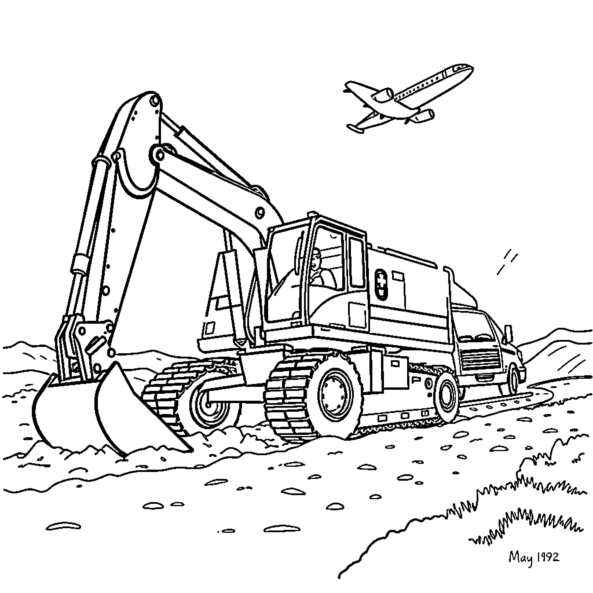 Excavator moving earth with aircraft in background Coloring Page (free black-and-white line drawing printable PDF for all, from beginners to advanced learners, including children, teens, adults, and seniors)