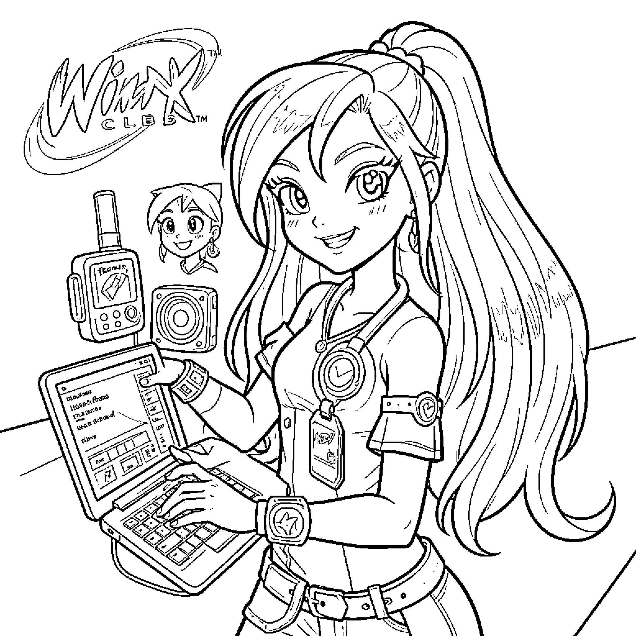 Tecna using a laptop and advanced technology gadgets Coloring Page (free black-and-white line drawing printable PDF for all, from beginners to advanced learners, including children, teens, adults, and seniors)