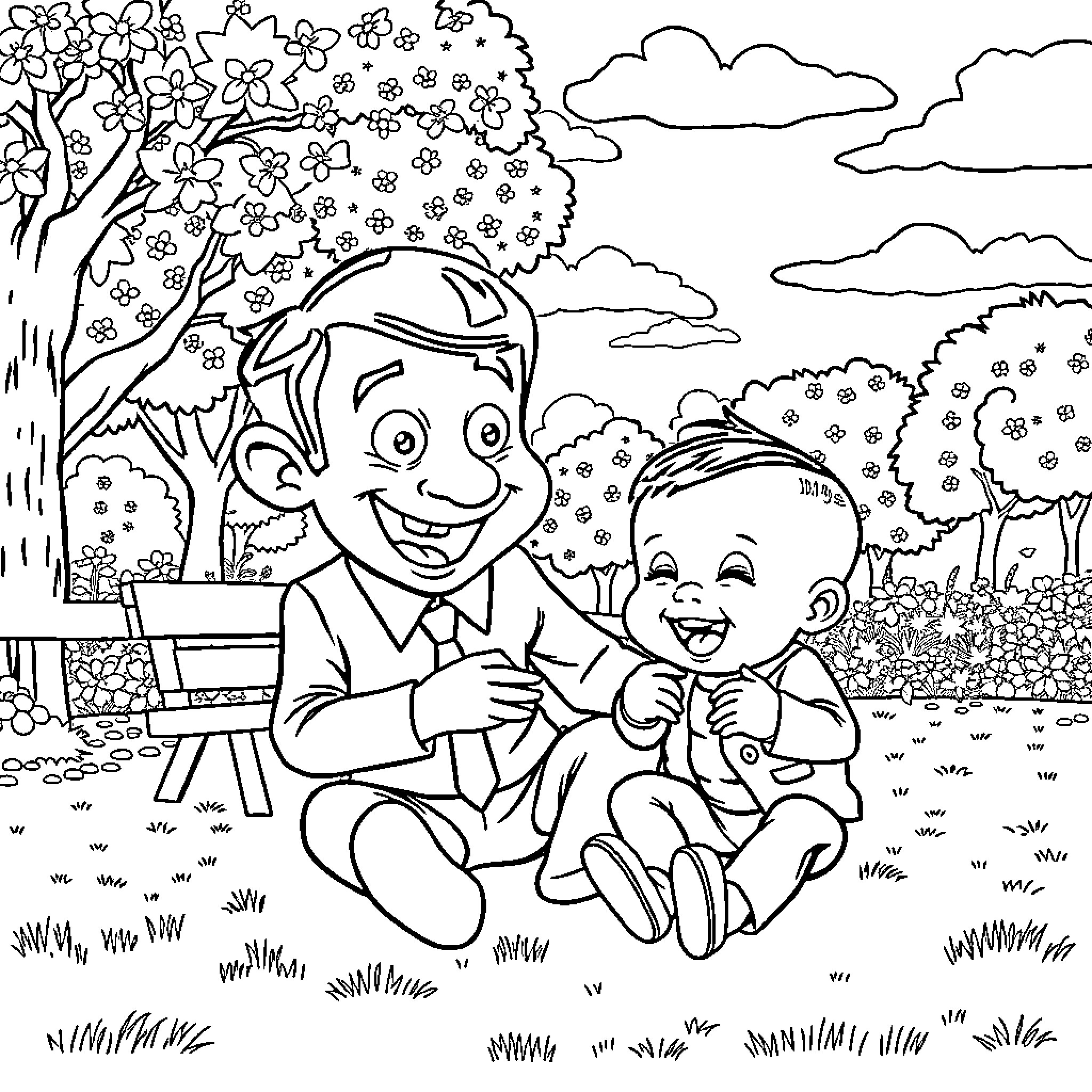 Mr Bean and a young child playing together in a park Coloring Page (free black-and-white line drawing printable PDF for all, from beginners to advanced learners, including children, teens, adults, and seniors)